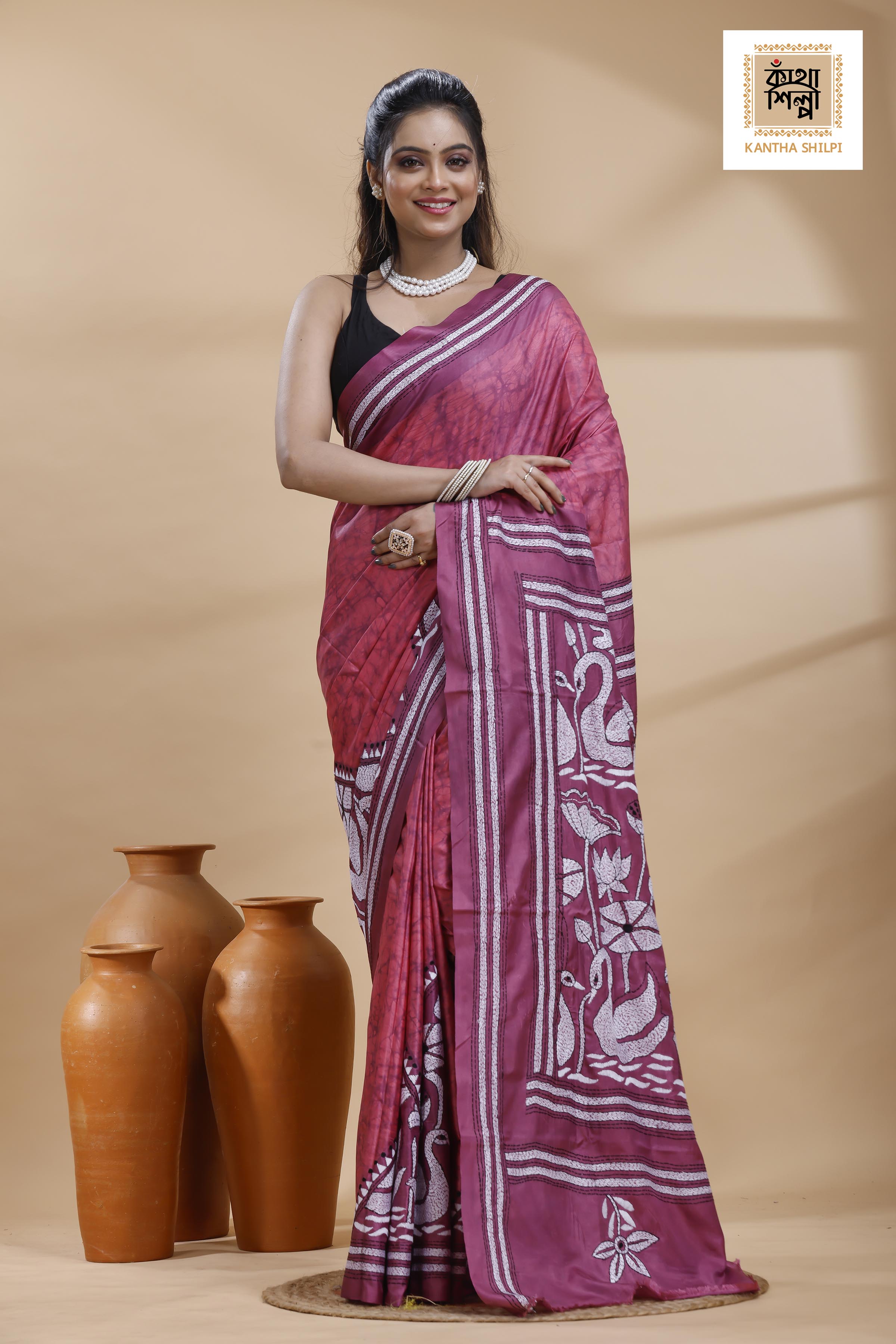Dark Pink Color Bangalore Silk Black-White Color Thread Work Batik Kantha Stitch Saree