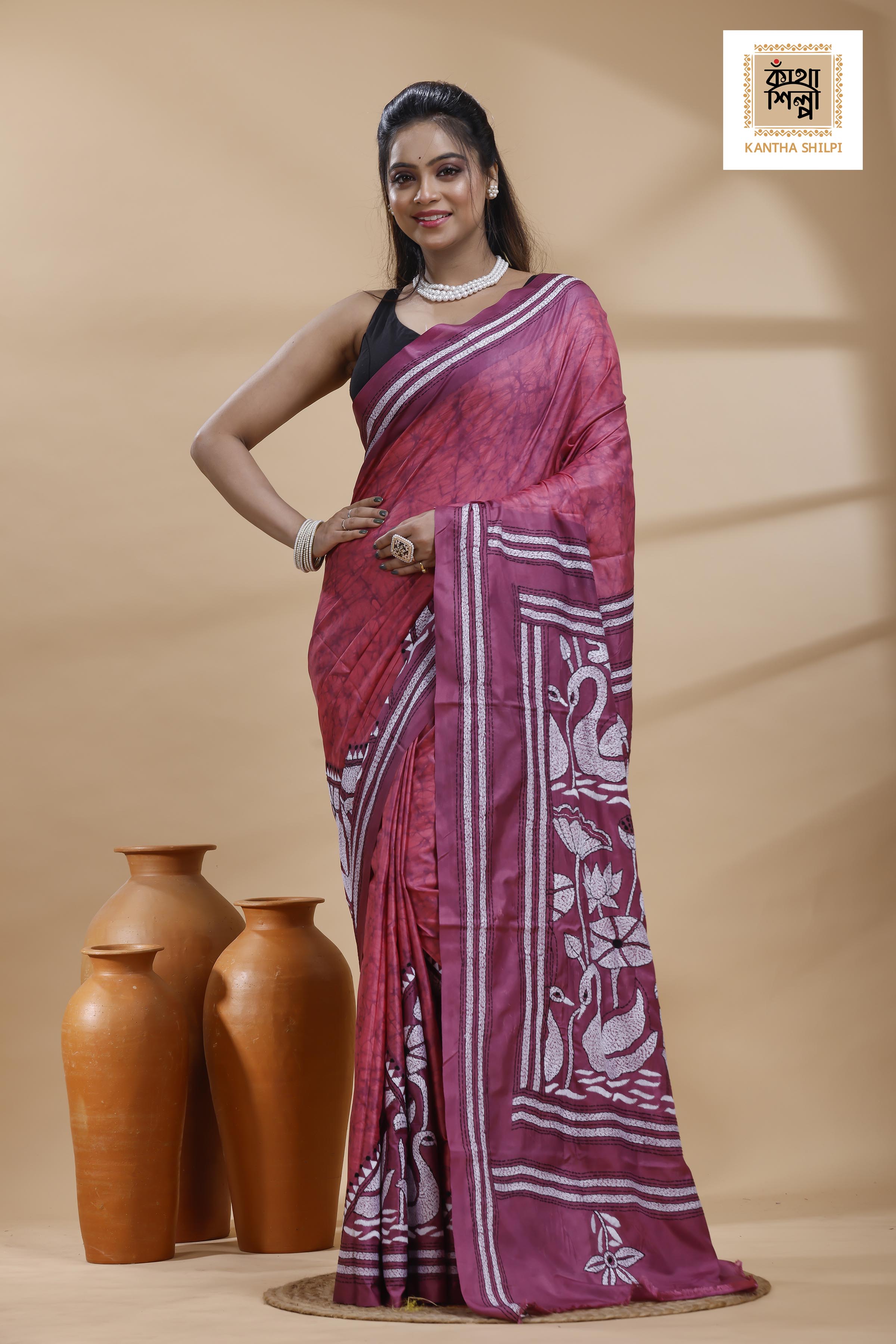 Dark Pink Color Bangalore Silk Black-White Color Thread Work Batik Kantha Stitch Saree