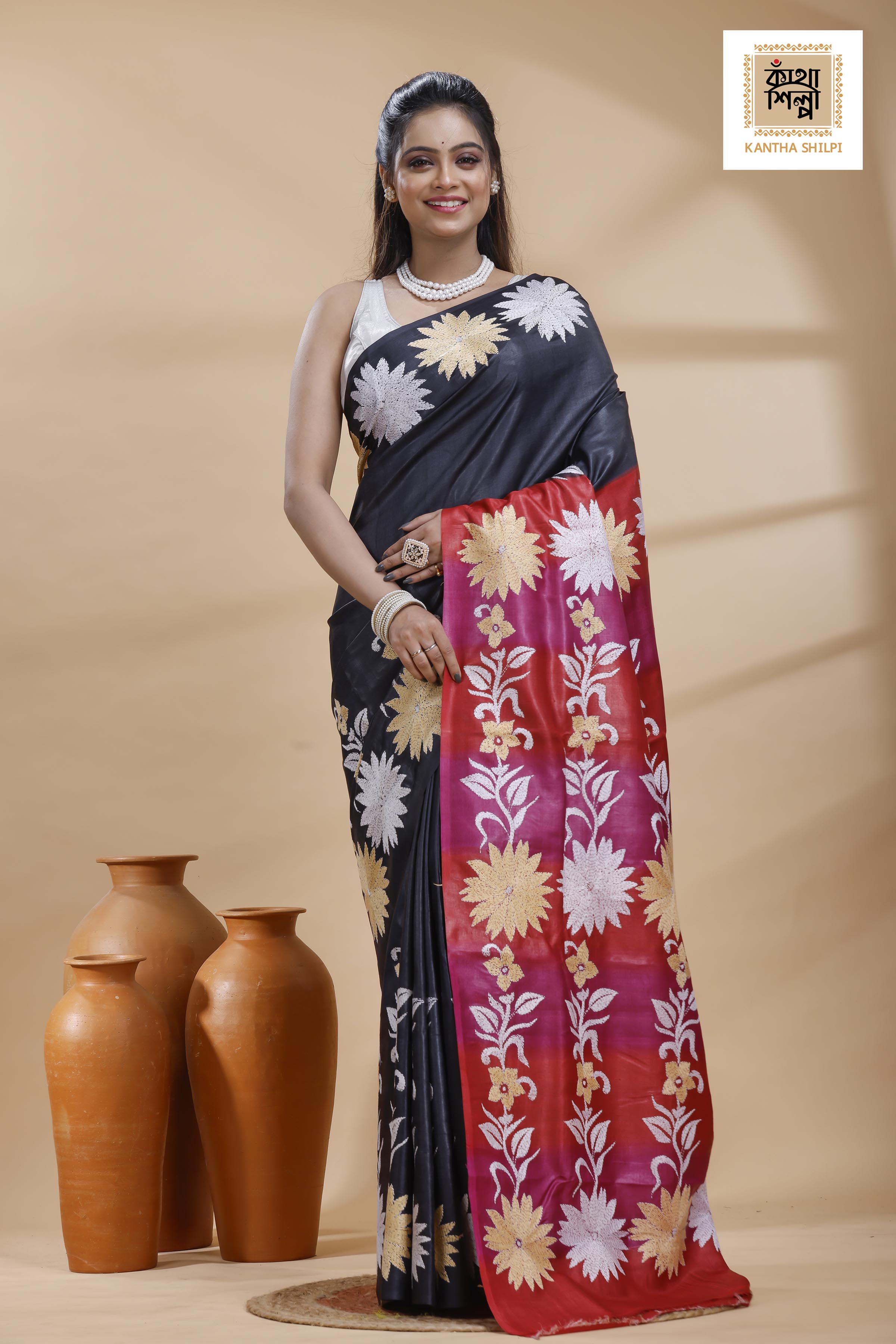 Pure Gachi Dye Tussar White-Beige Color Thread Work Kantha Stitch Saree