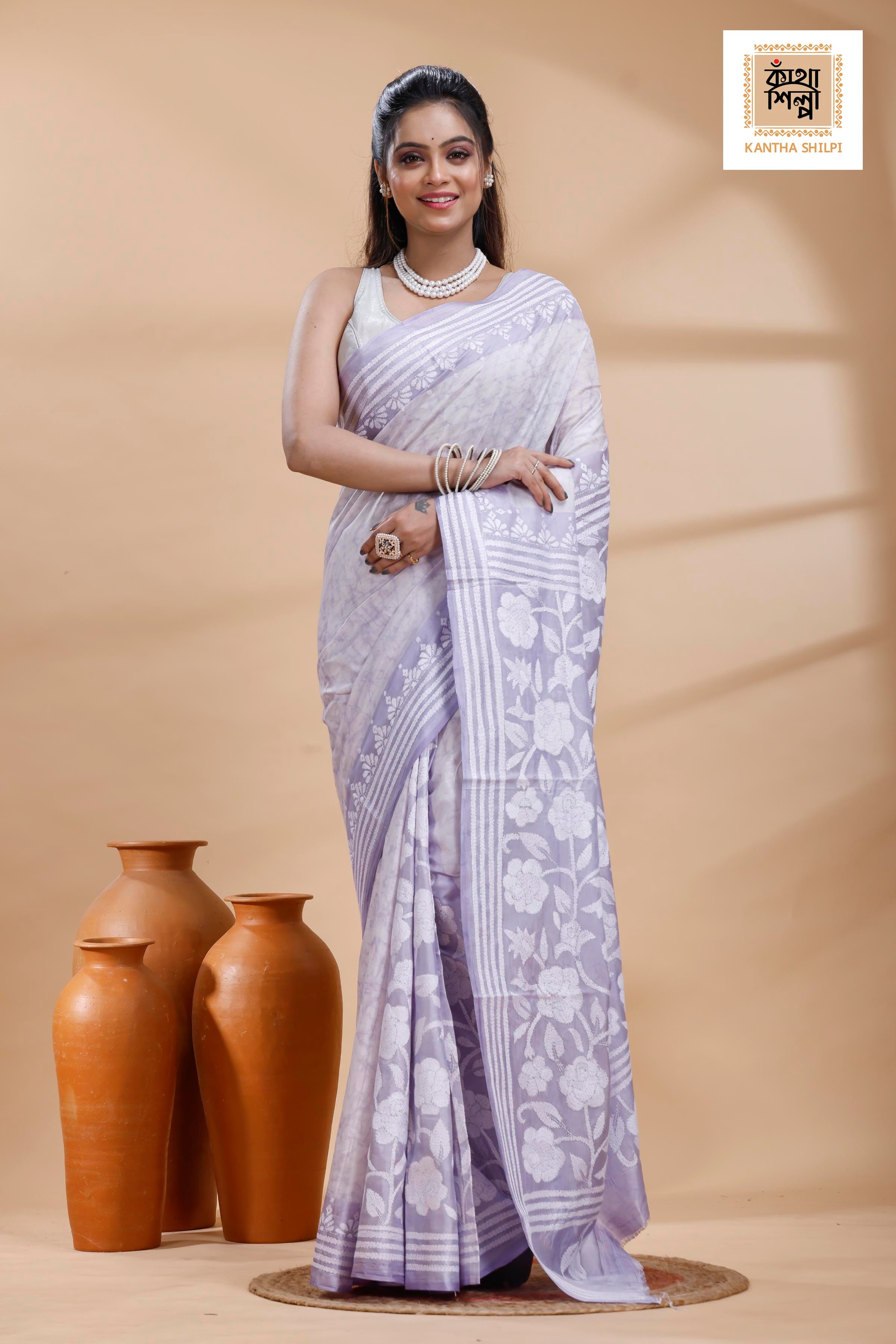 Greyish Purple Color Bangalore Silk White Color Thread Work Batik Kantha Stitch Saree