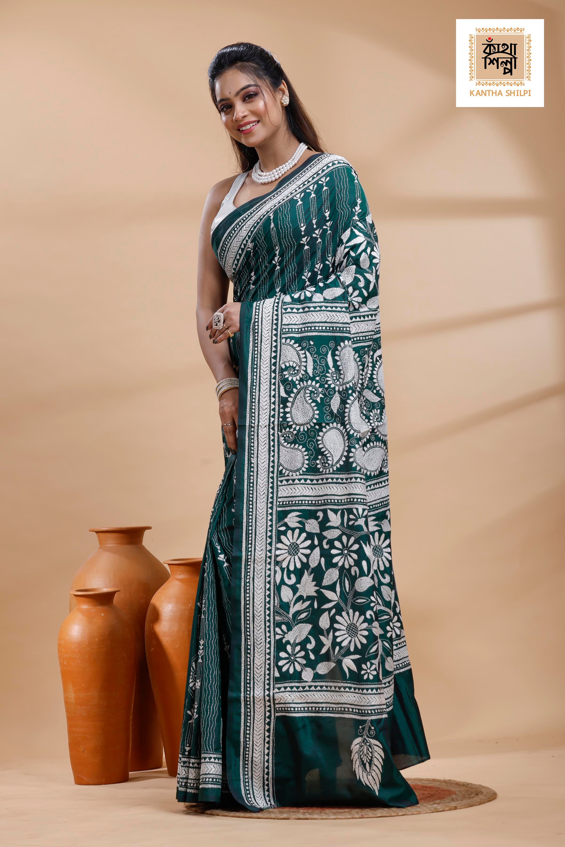 Green Color Bangalore Silk White Color Thread Work Kantha Stitch Saree