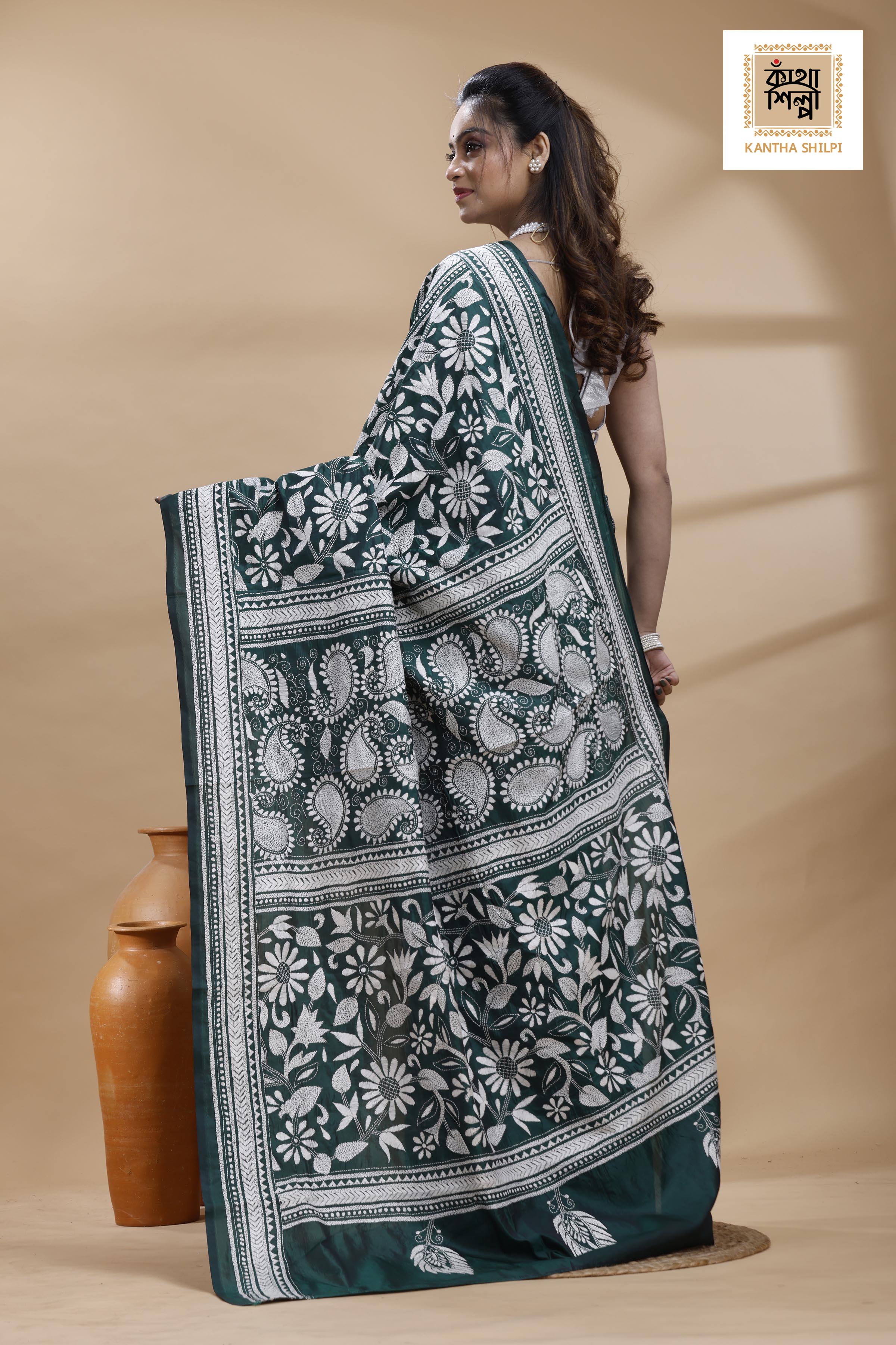 Green Color Bangalore Silk White Color Thread Work Kantha Stitch Saree