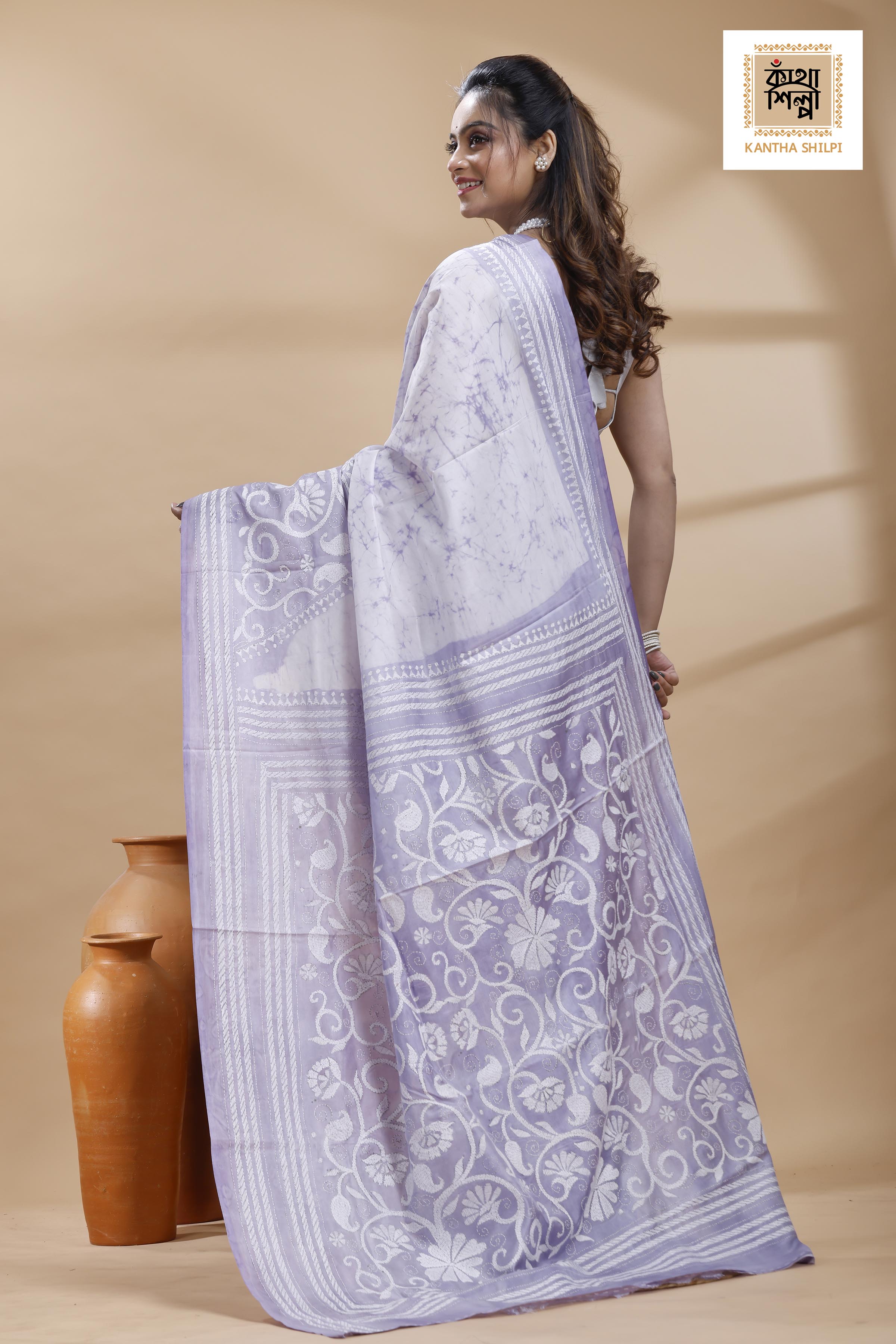 Greyish Purple Color Bangalore Silk White Color Thread Work Batik Kantha Stitch Saree