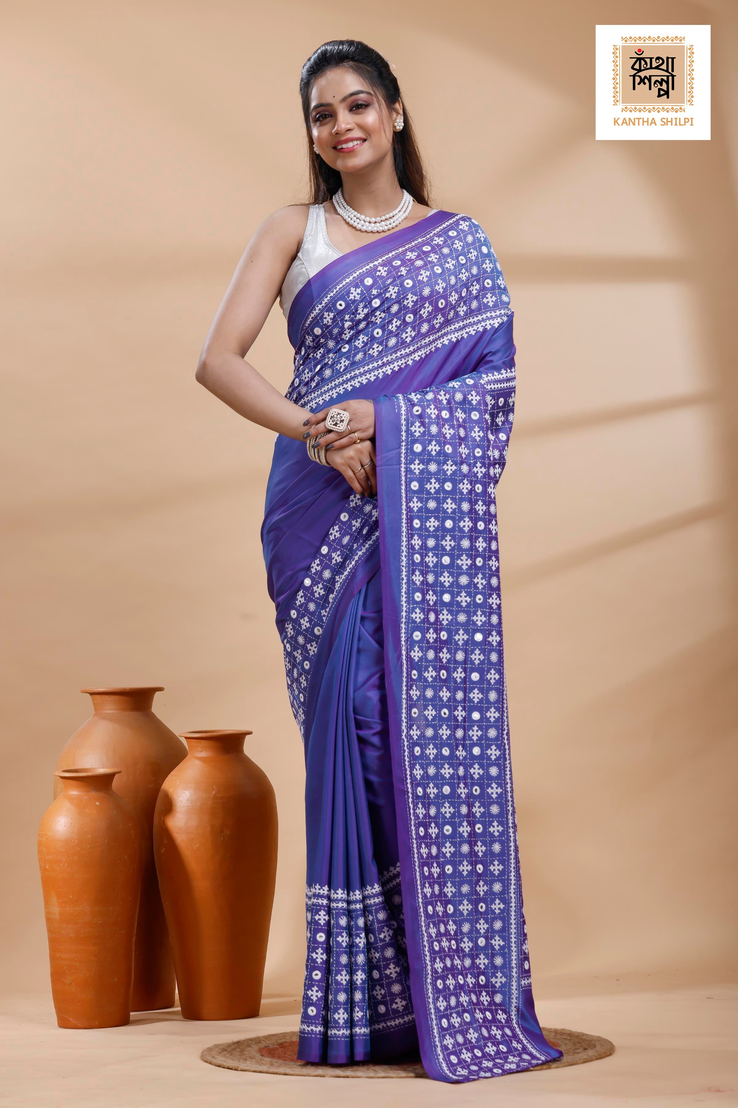 Blue Bangalore Silk White Color Thread Work Gujrati Stitch Saree