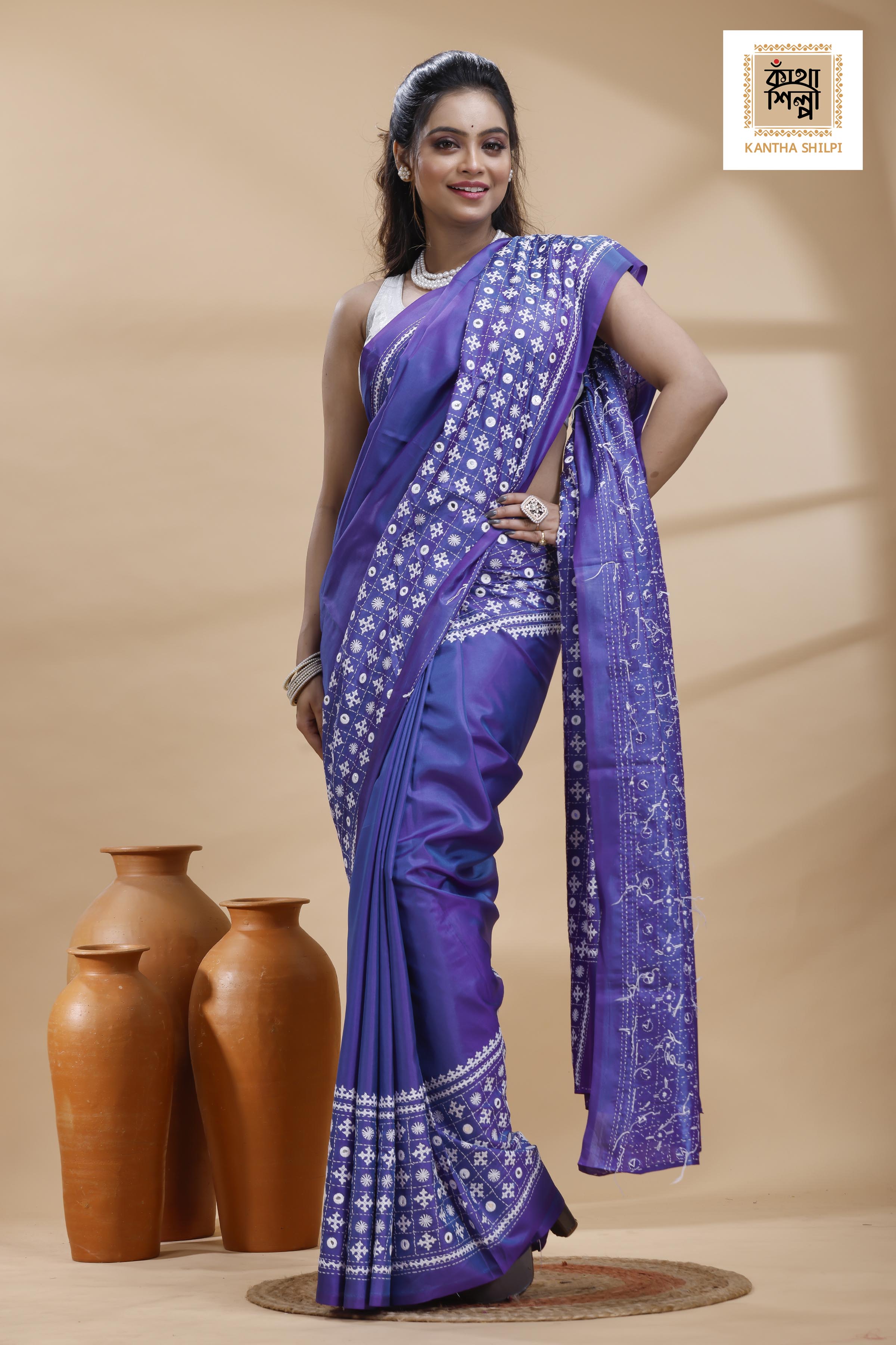 Blue Bangalore Silk White Color Thread Work Gujrati Stitch Saree