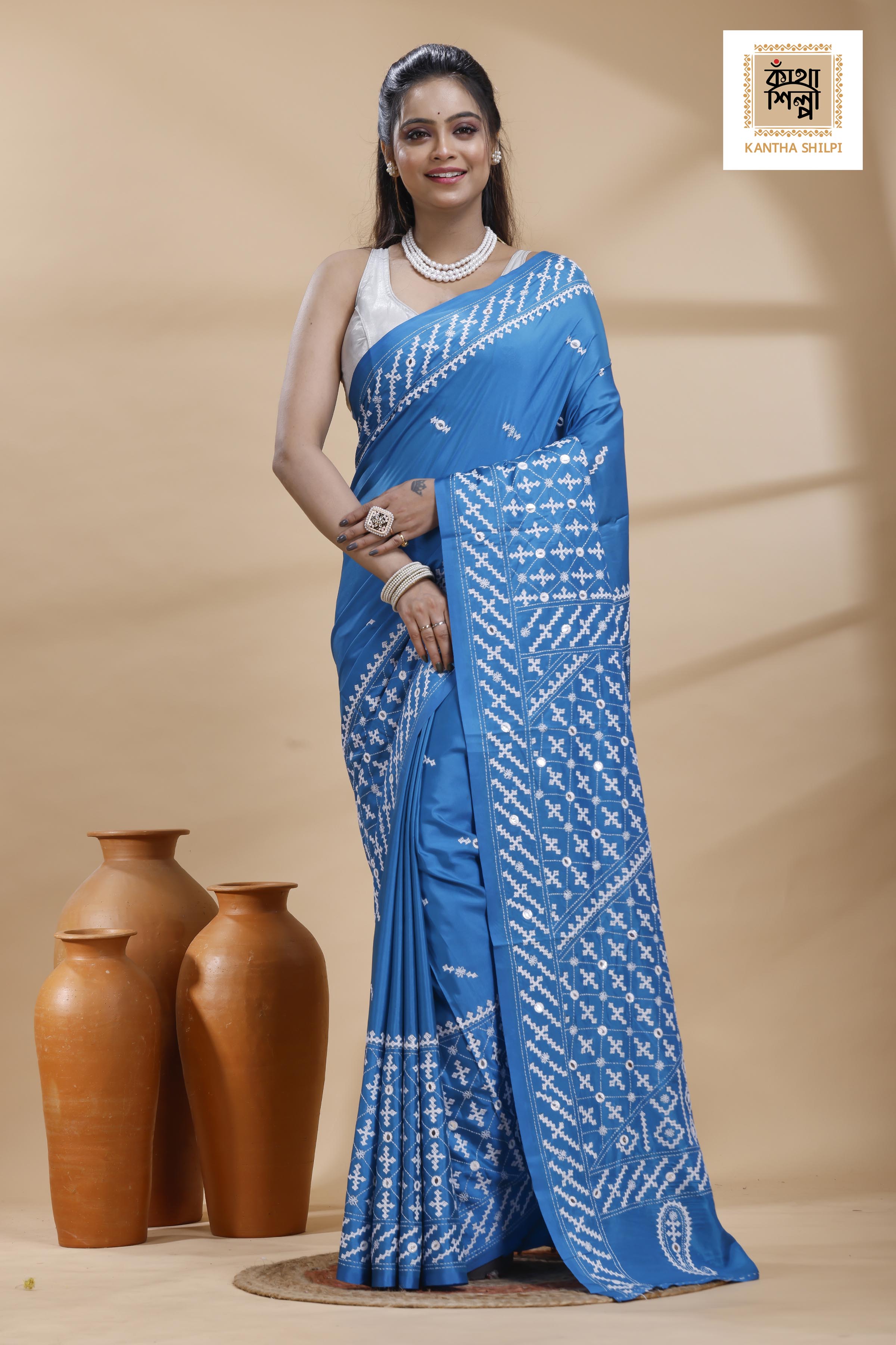 Blue Bangalore Silk White color Thread Work Gujrati Stitch Saree