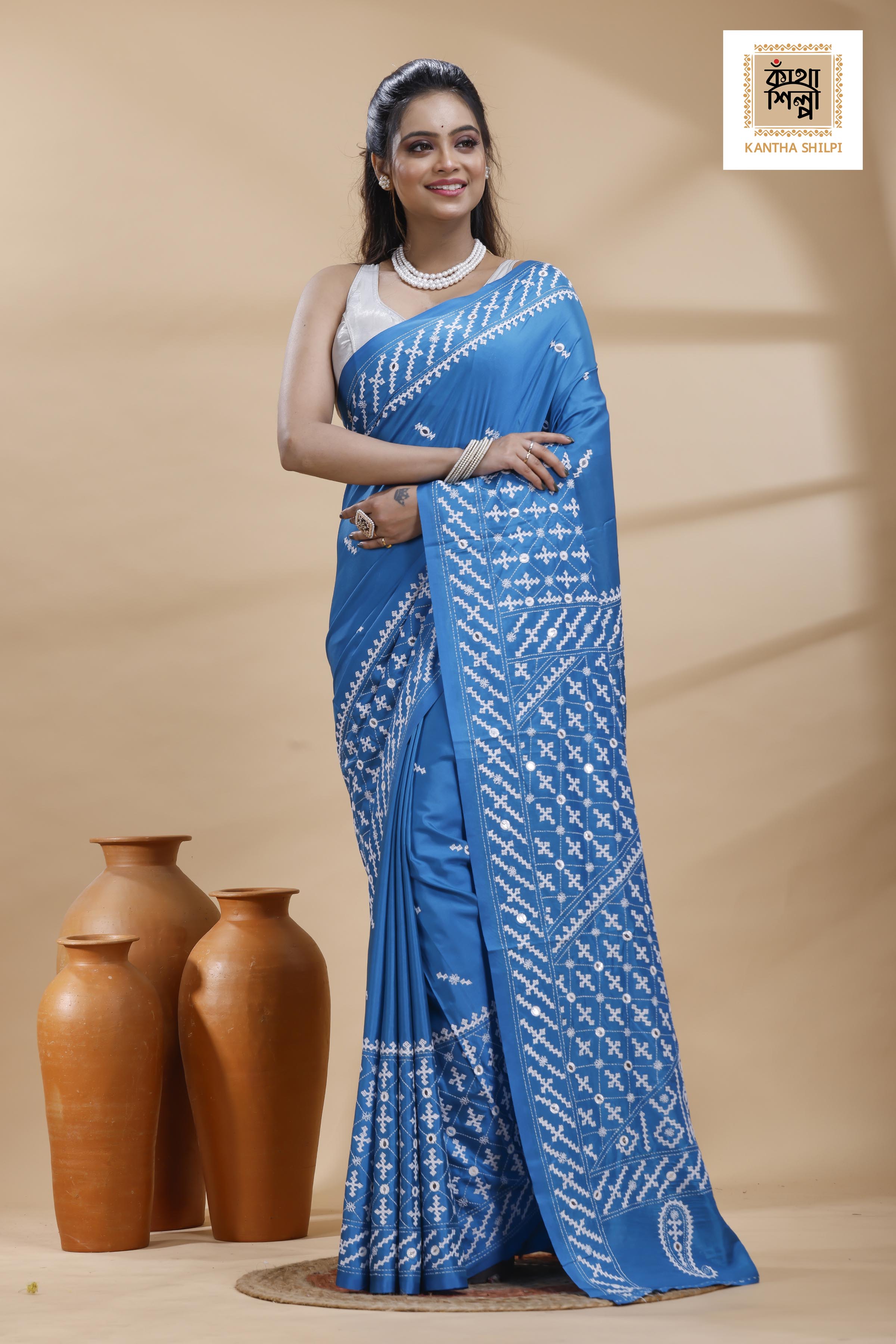 Blue Bangalore Silk White color Thread Work Gujrati Stitch Saree