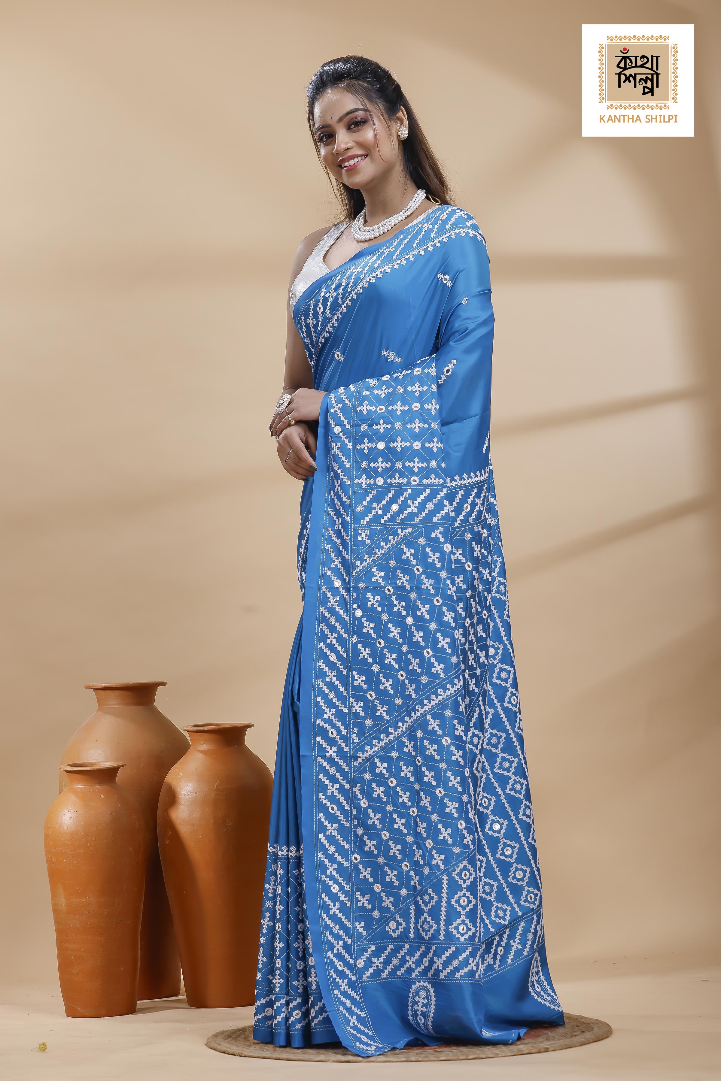 Blue Bangalore Silk White color Thread Work Gujrati Stitch Saree