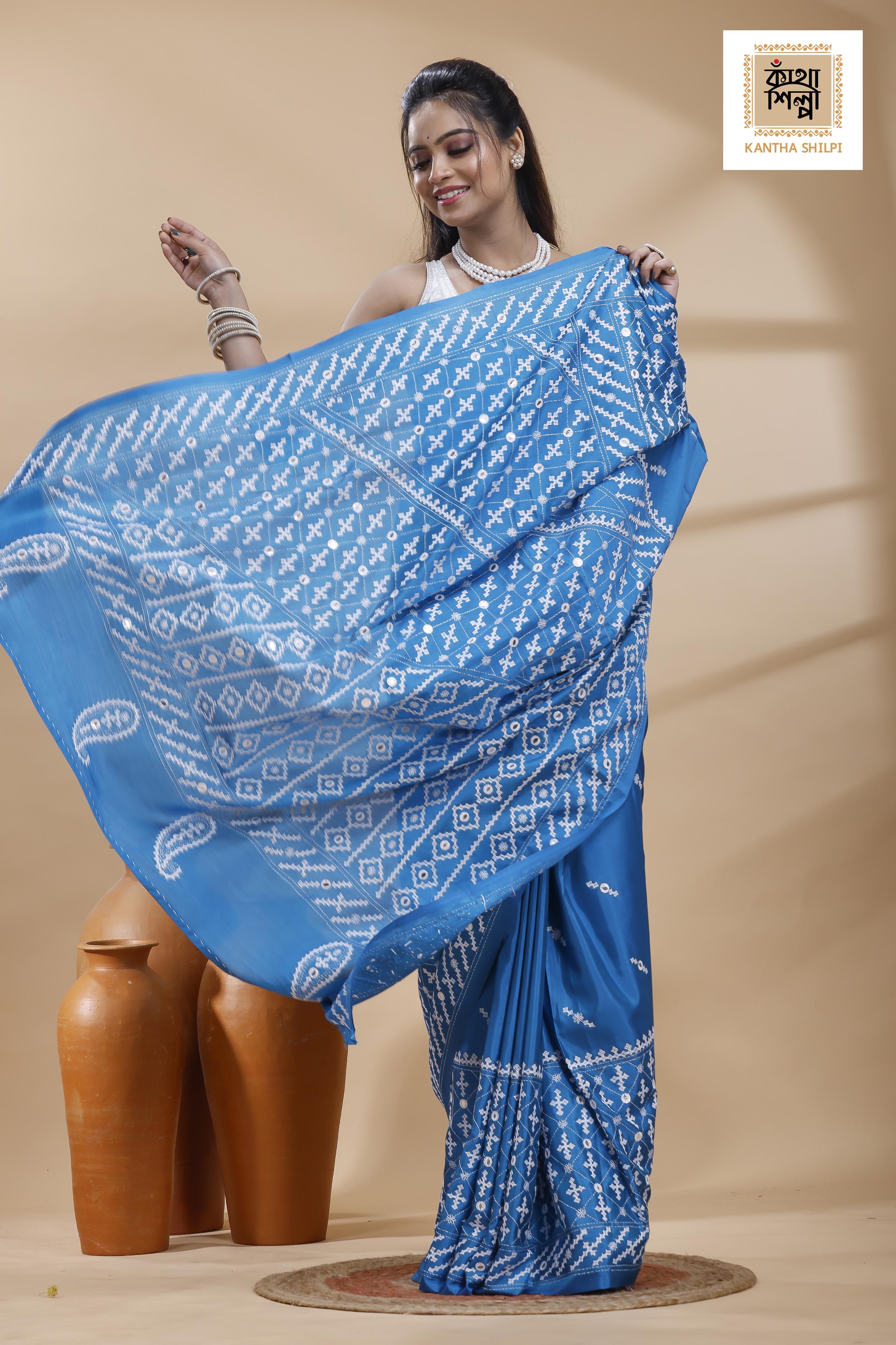 Blue Bangalore Silk White color Thread Work Gujrati Stitch Saree