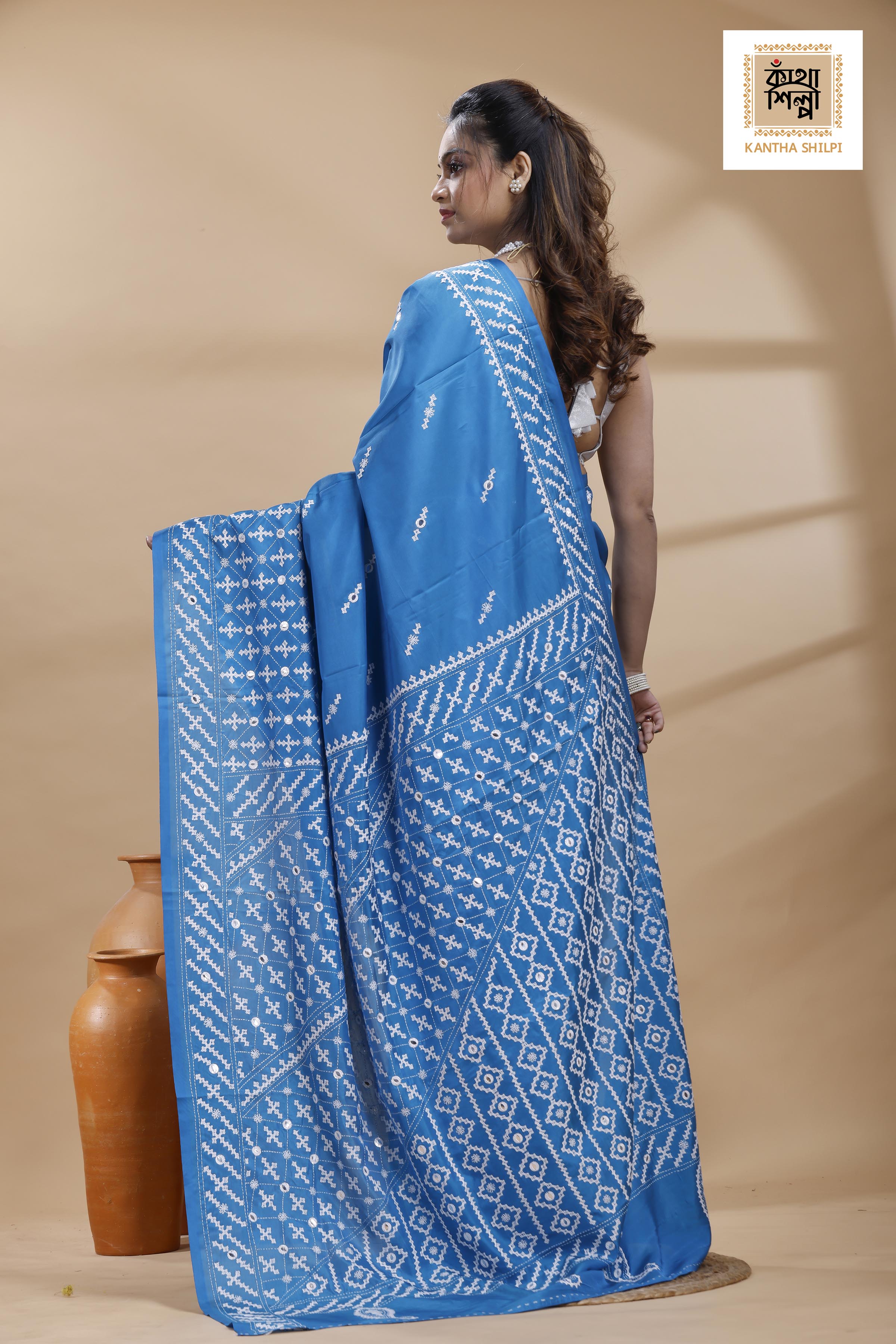 Blue Bangalore Silk White color Thread Work Gujrati Stitch Saree