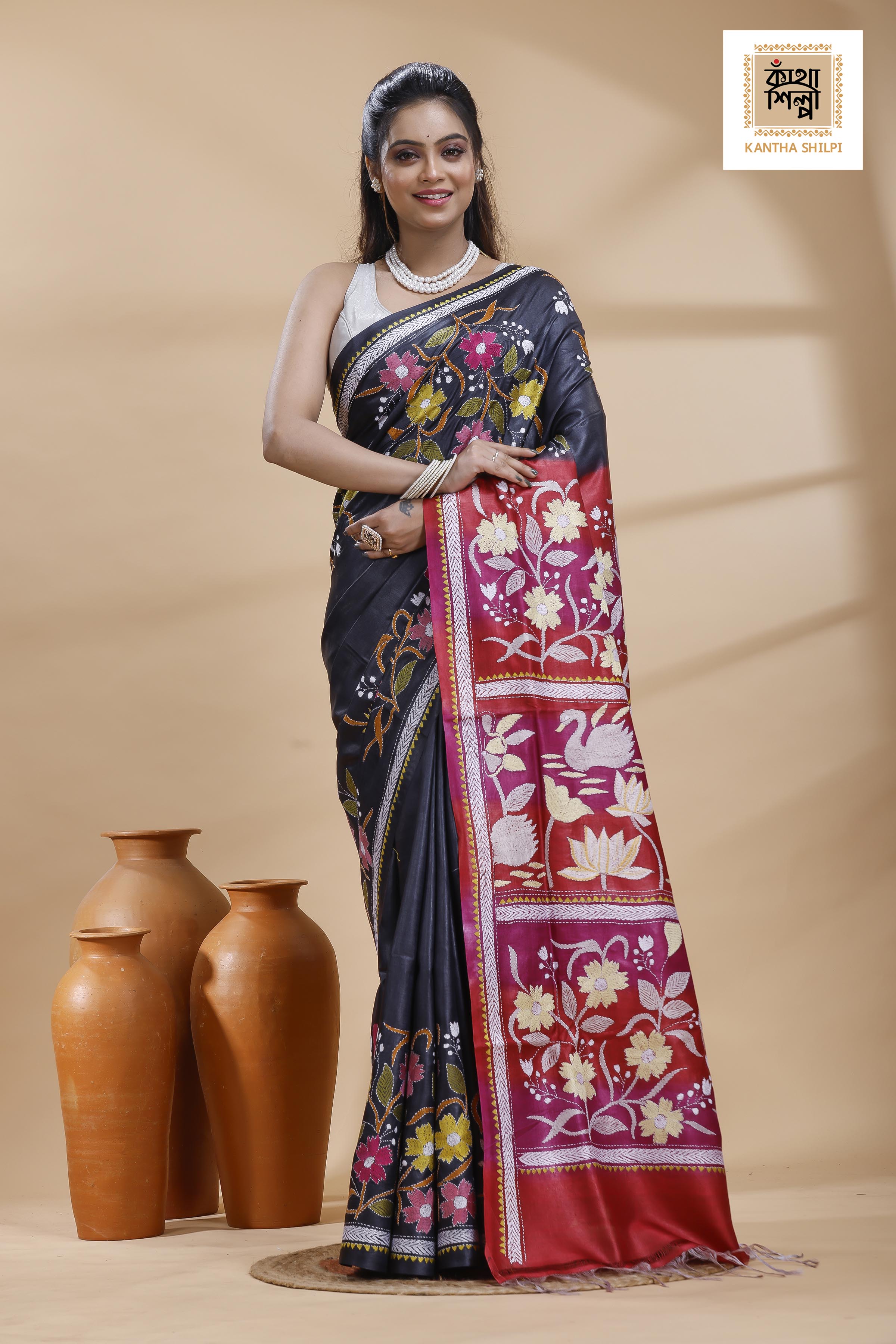 Pure Gachi Dye Tussar Multicolor Thread Work Kantha Stitch Saree