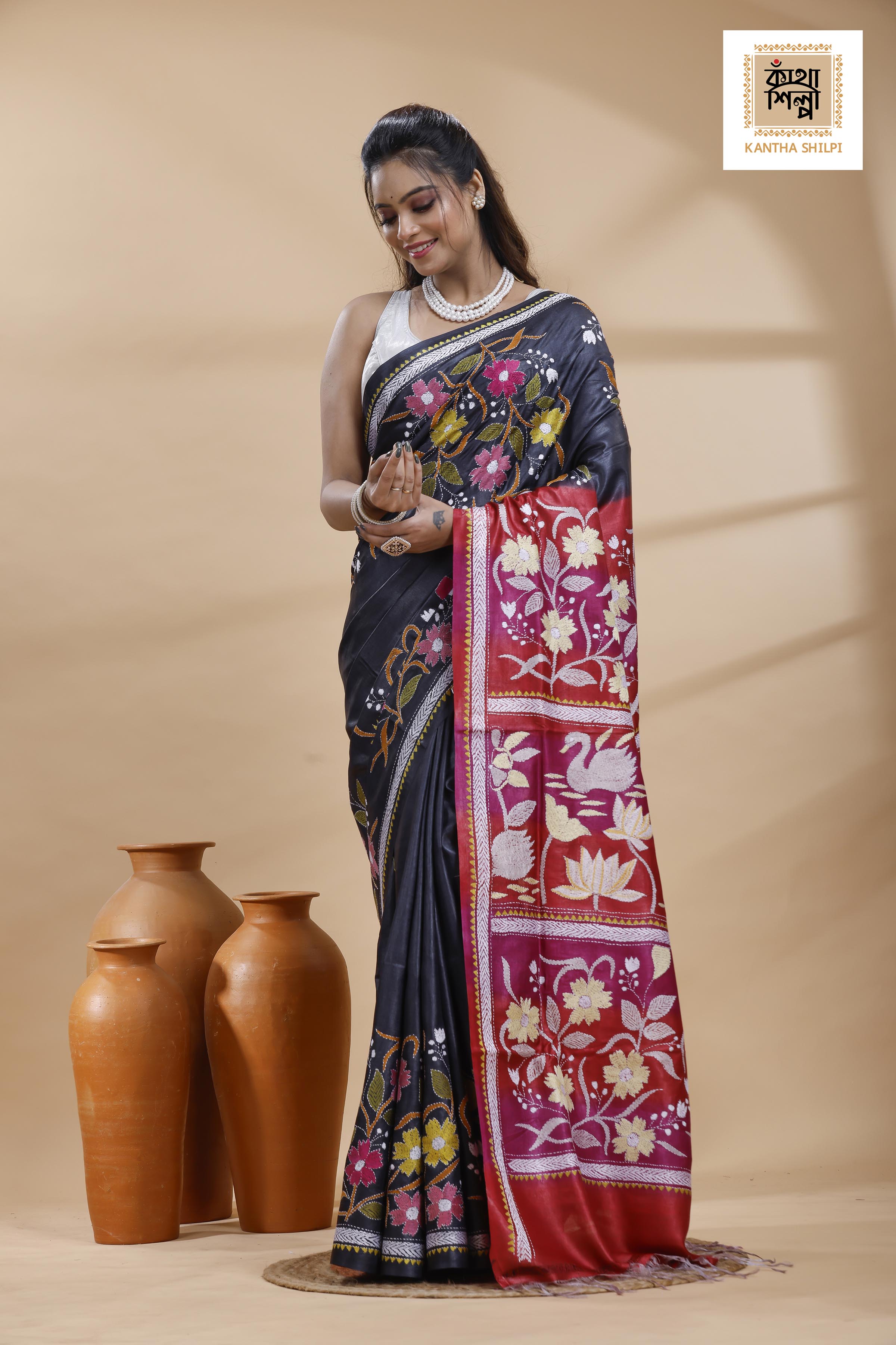 Pure Gachi Dye Tussar Multicolor Thread Work Kantha Stitch Saree
