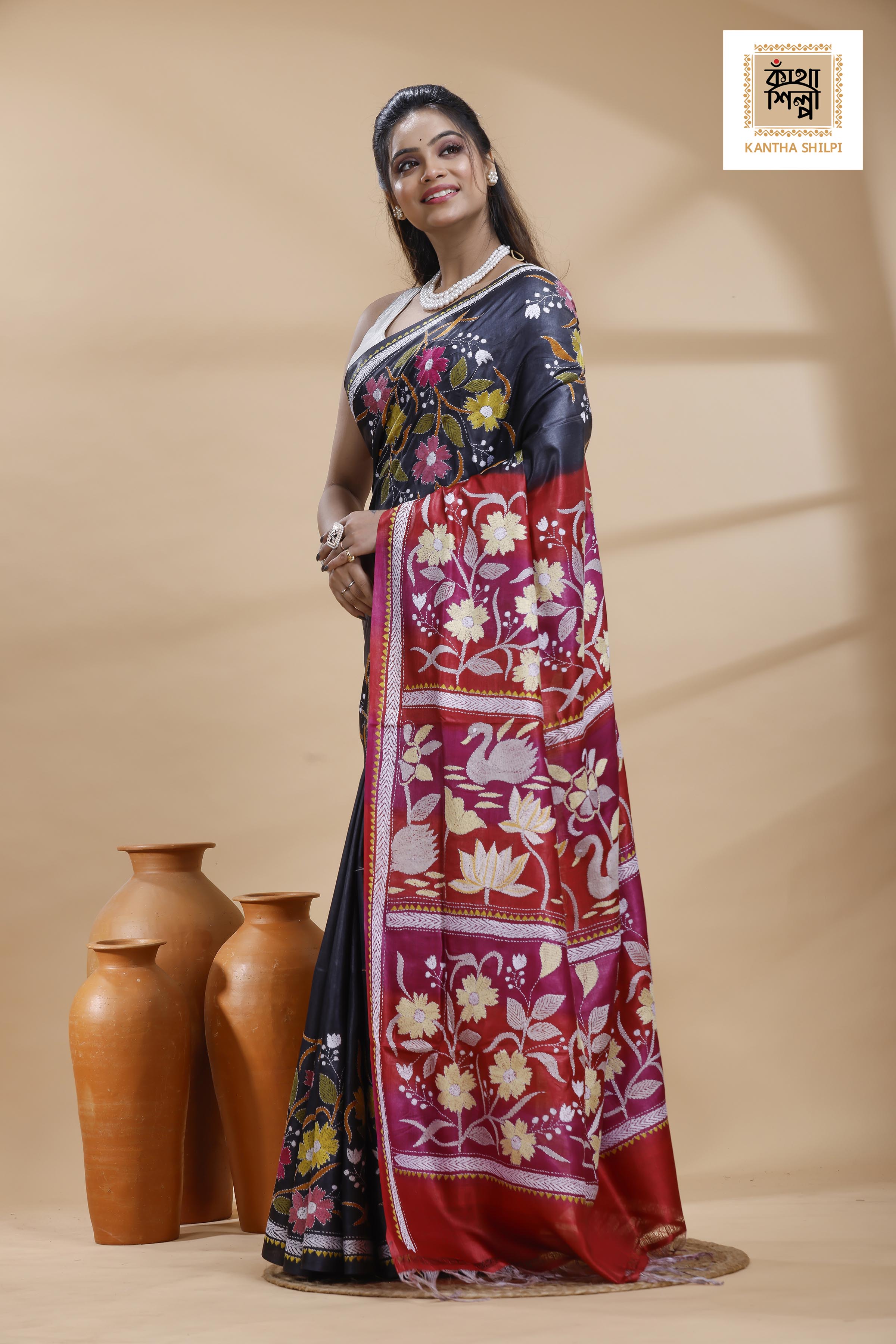 Pure Gachi Dye Tussar Multicolor Thread Work Kantha Stitch Saree