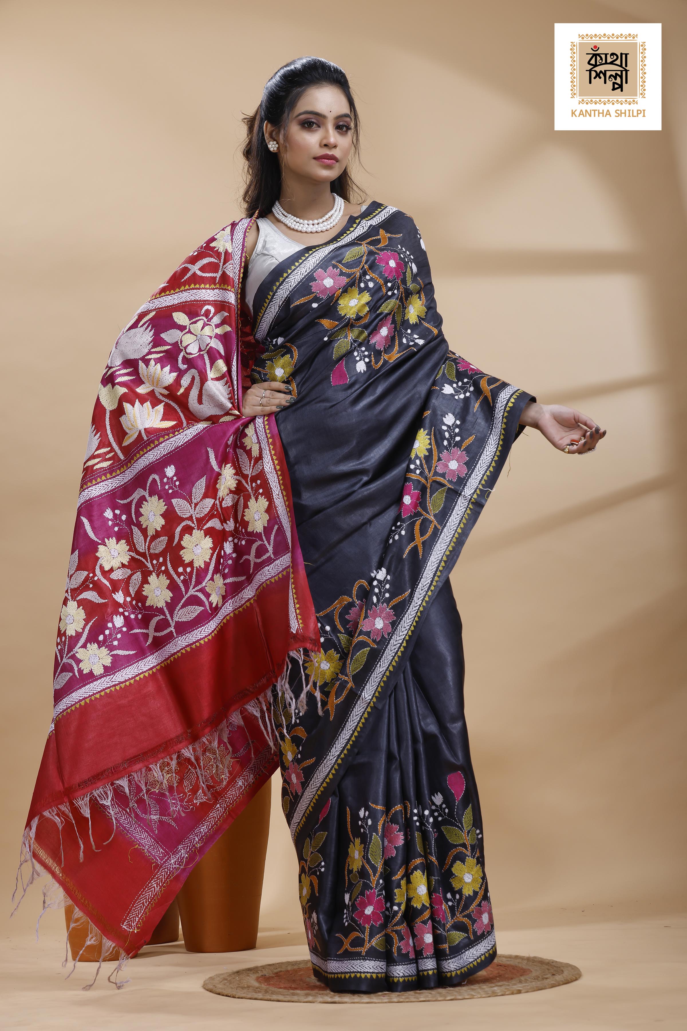 Pure Gachi Dye Tussar Multicolor Thread Work Kantha Stitch Saree