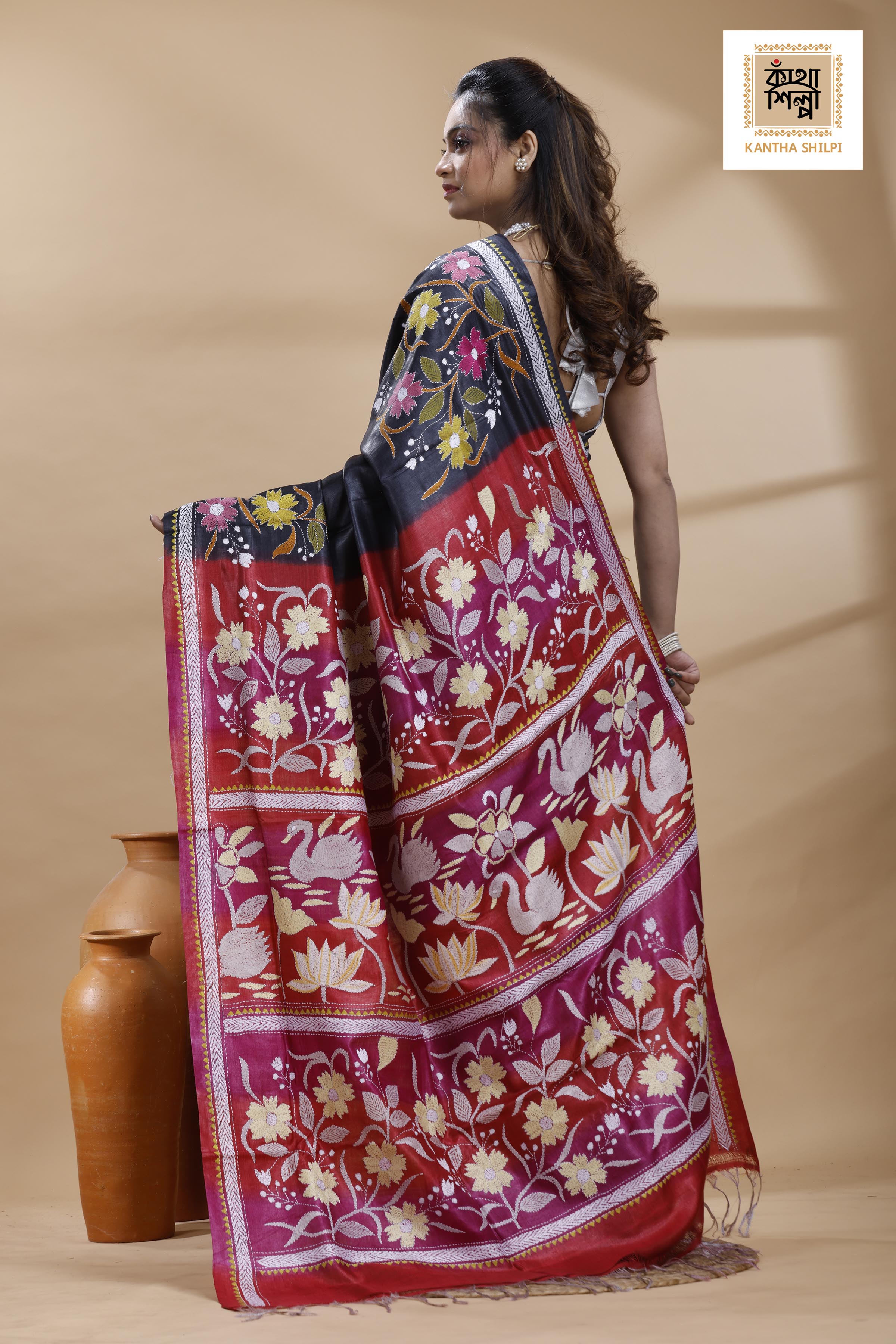 Pure Gachi Dye Tussar Multicolor Thread Work Kantha Stitch Saree