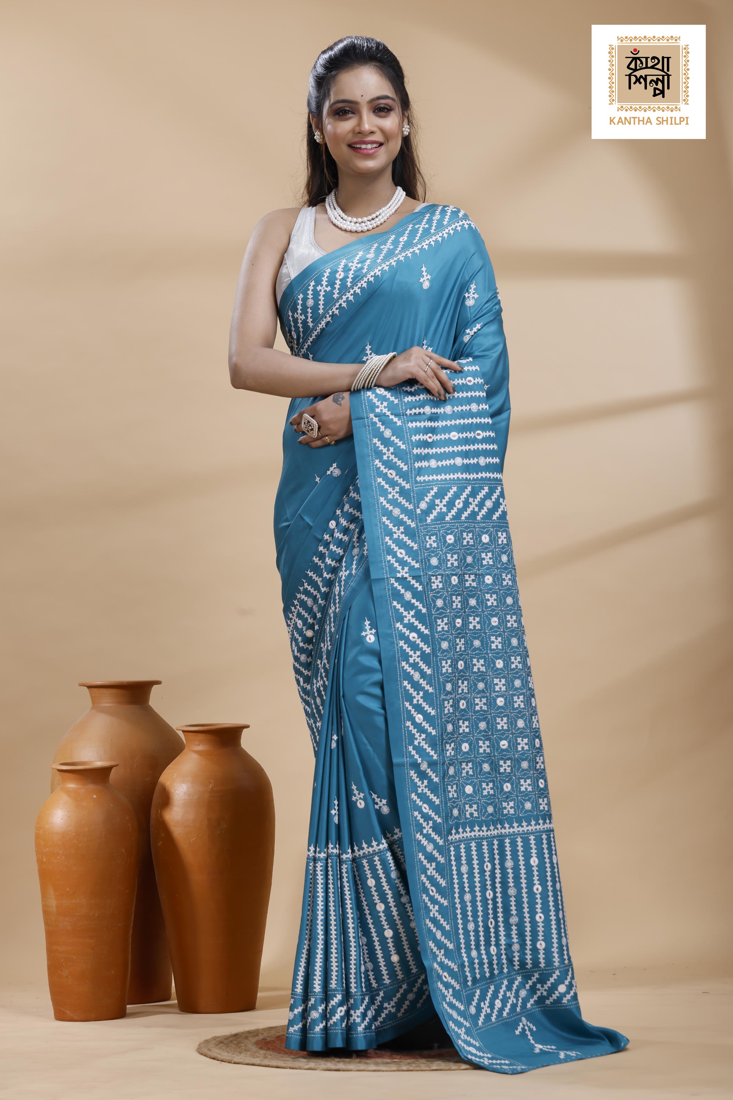 Blue Bangalore Silk White Color Thread Work Gujrati Stitch Saree