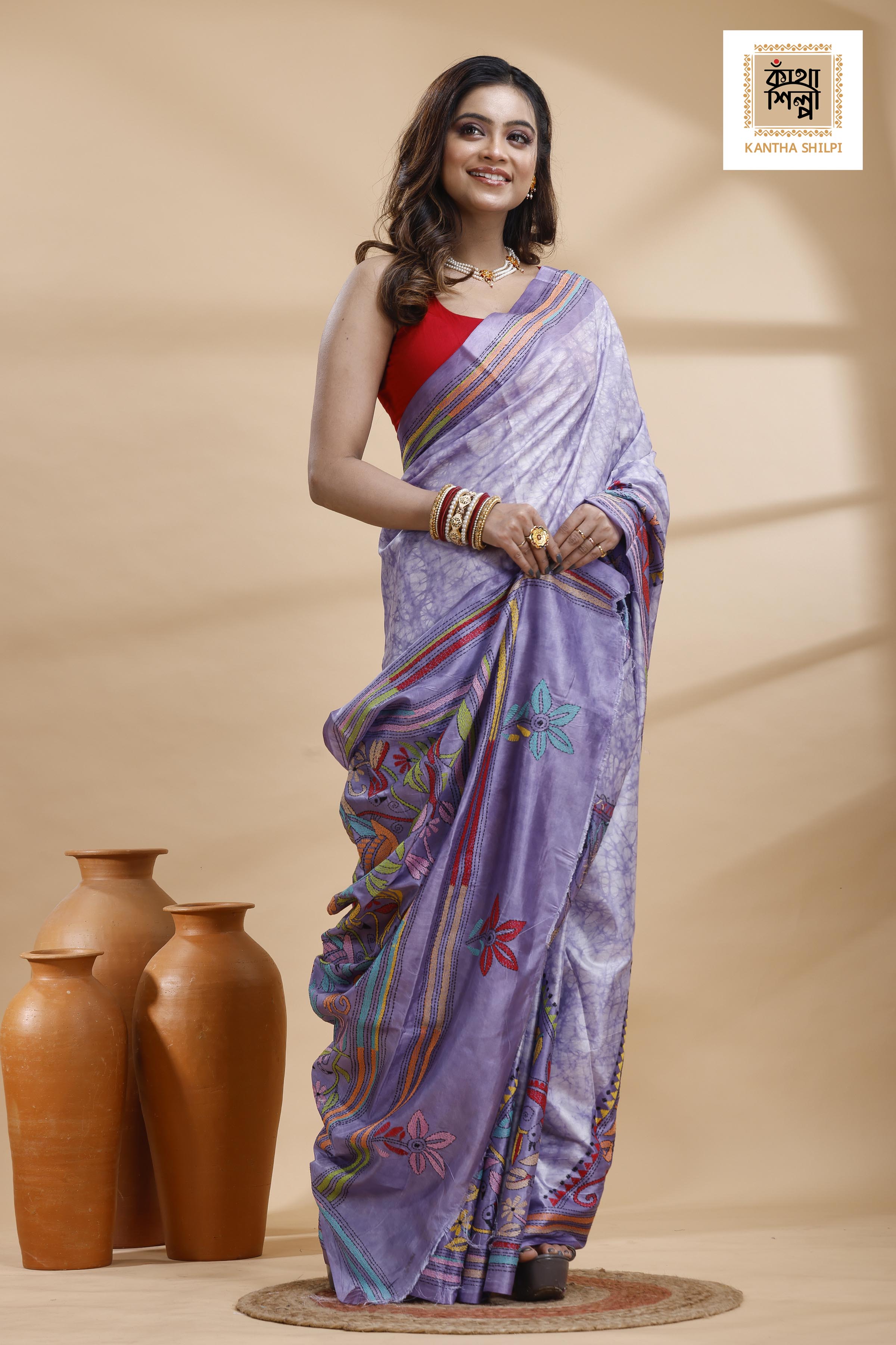 Greyish Purple Color Bangalore Silk Multicolor Thread Work Batik Kantha Stitch Saree