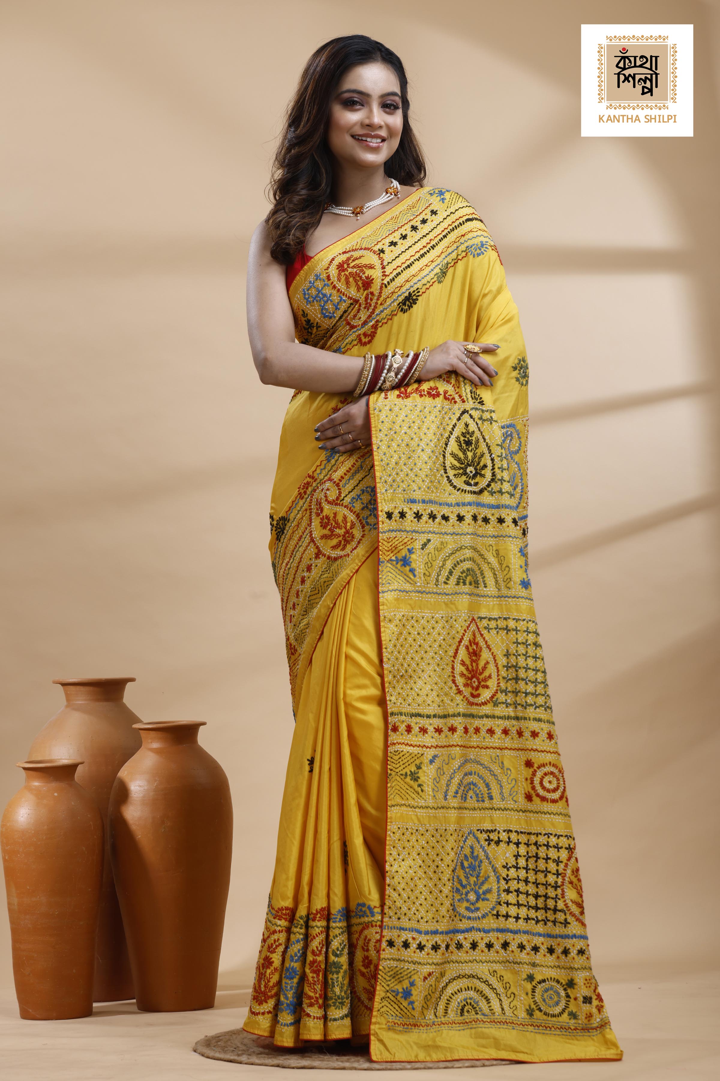 Yellow Color Bangalore Silk Multicolor Thread Work Lambani Stitch Saree