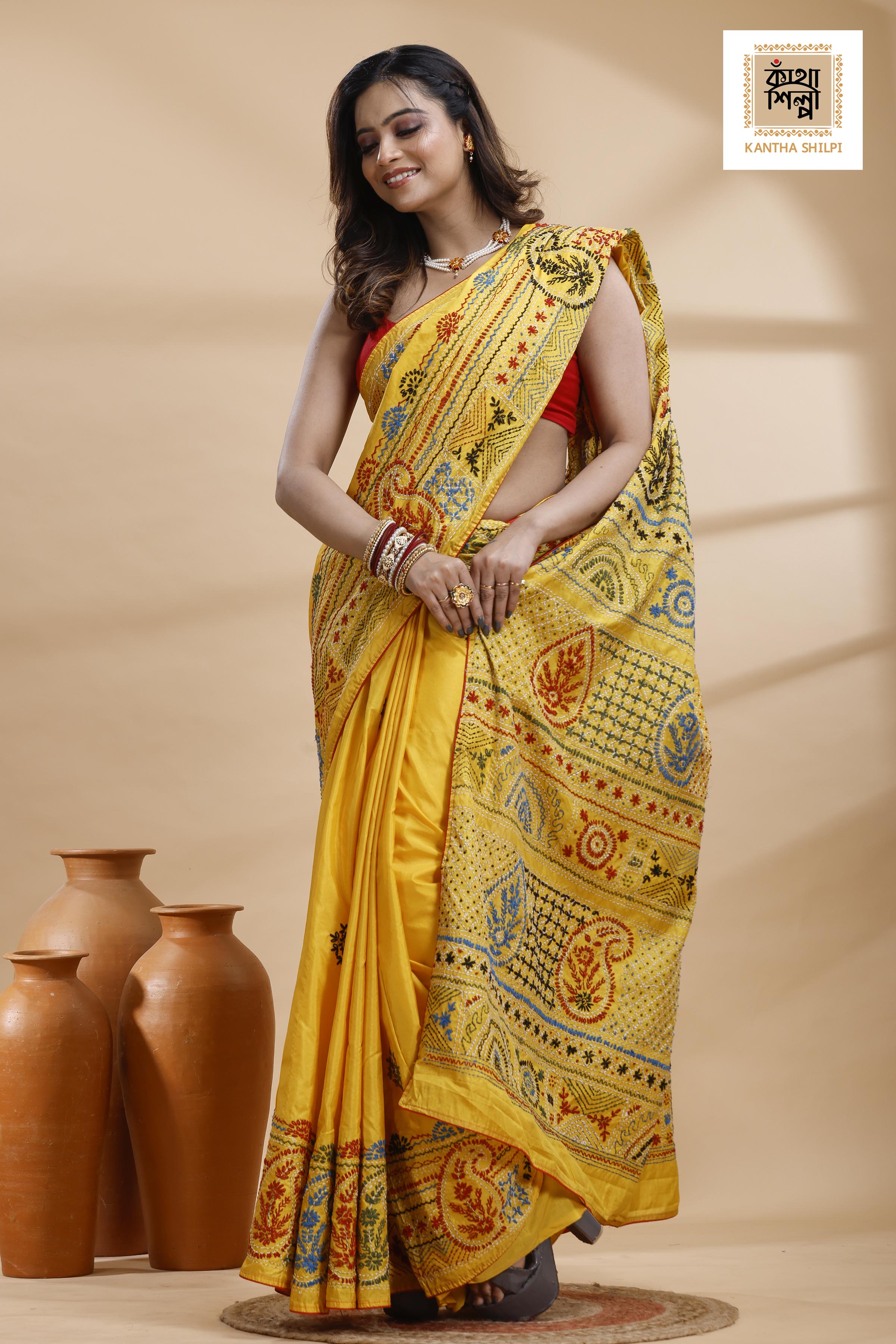 Yellow Color Bangalore Silk Multicolor Thread Work Lambani Stitch Saree