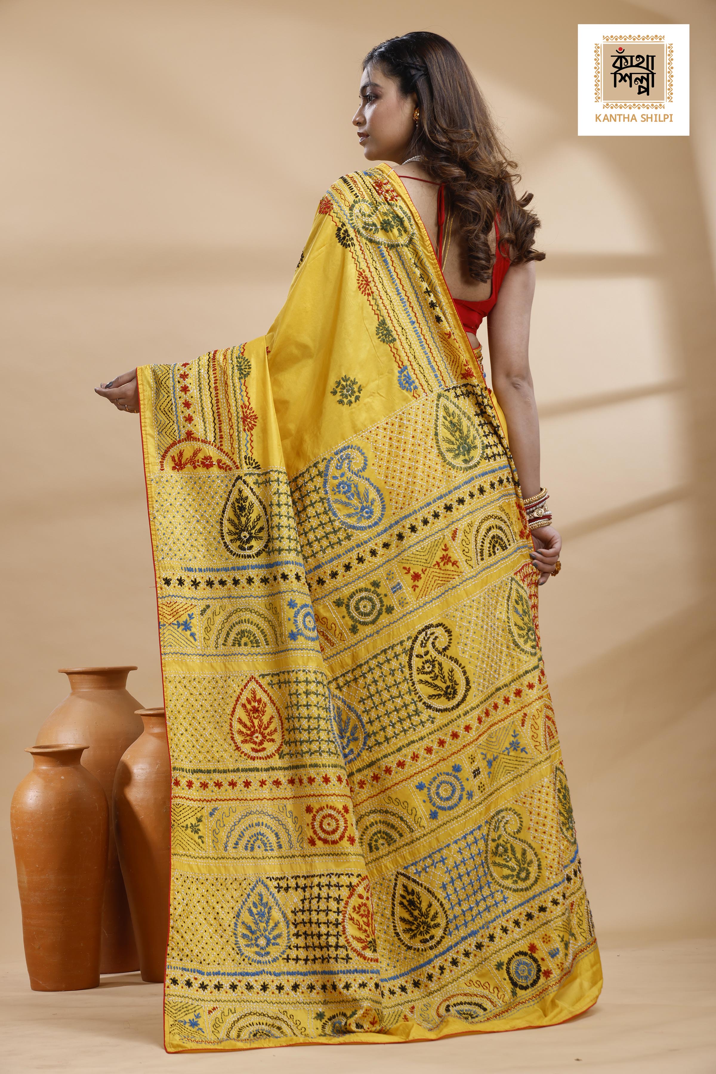 Yellow Color Bangalore Silk Multicolor Thread Work Lambani Stitch Saree