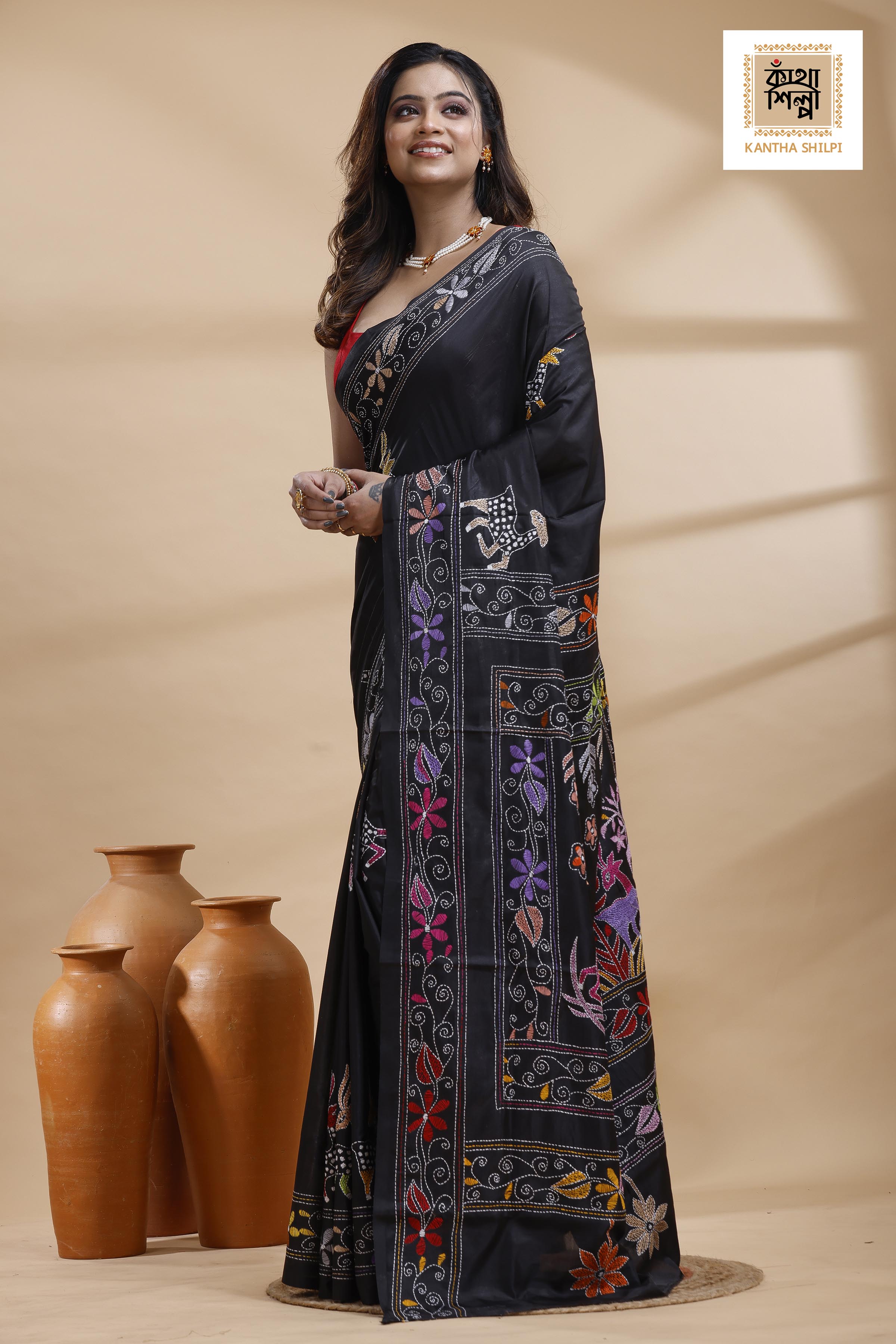 Black Color Bangalore Silk Multicolor Thread Work Kantha Stitch Saree