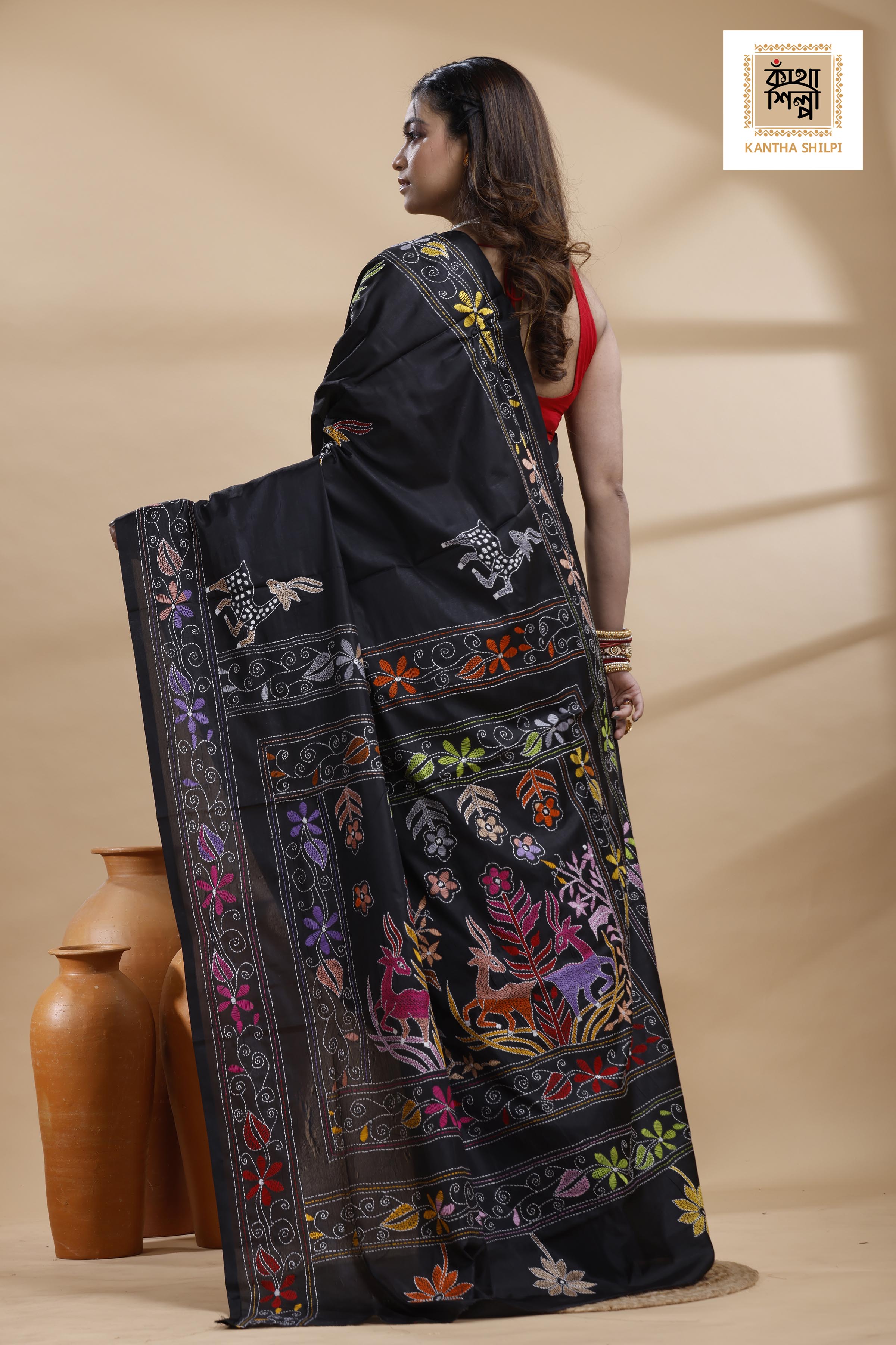 Black Color Bangalore Silk Multicolor Thread Work Kantha Stitch Saree