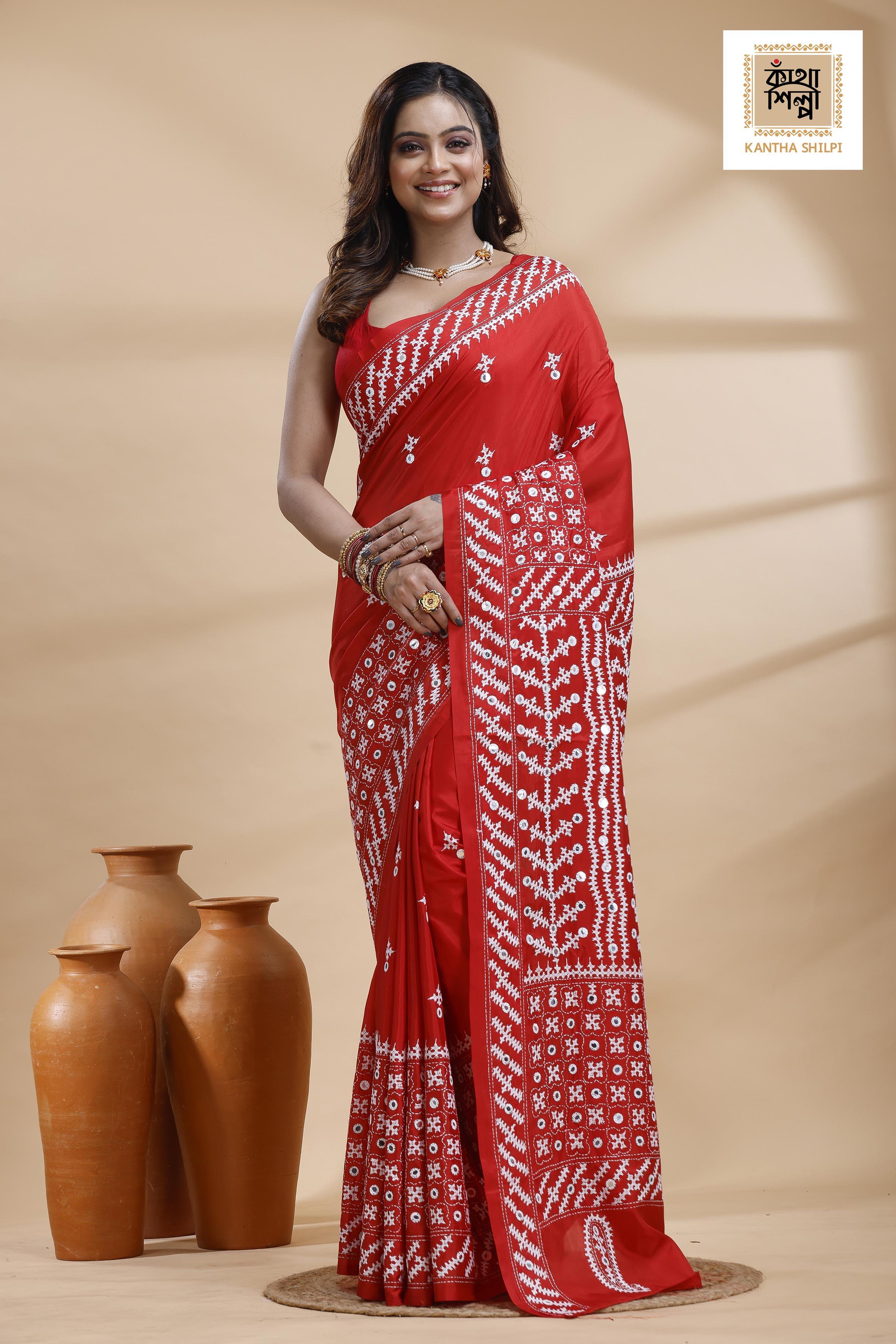 Red Bangalore Silk White color Thread Work Gujrati Stitch Saree