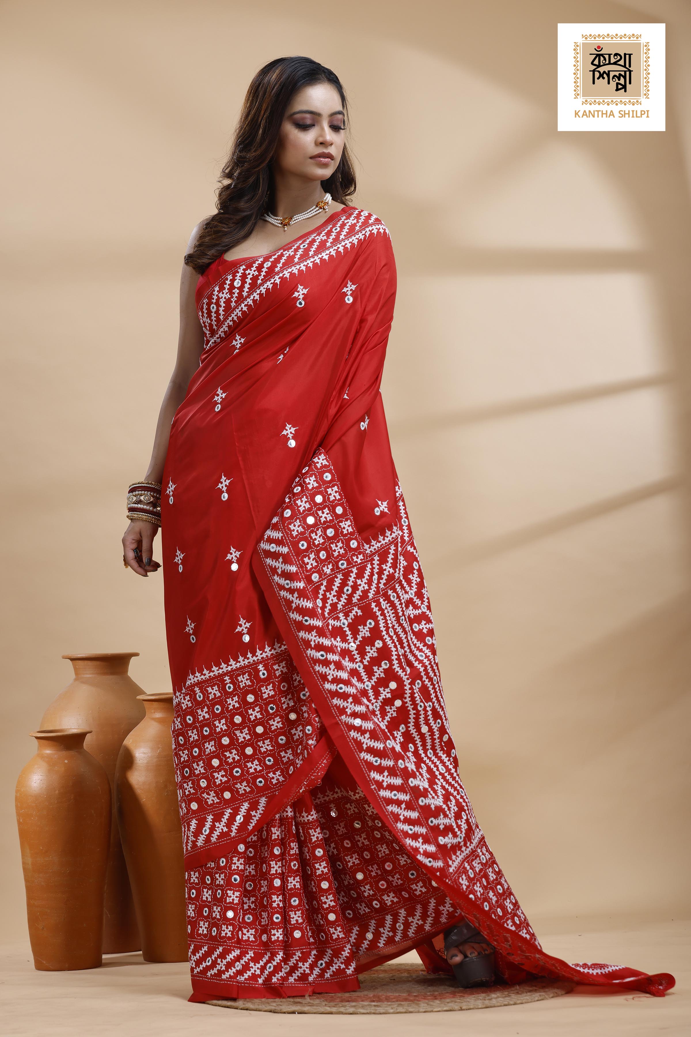Red Bangalore Silk White color Thread Work Gujrati Stitch Saree