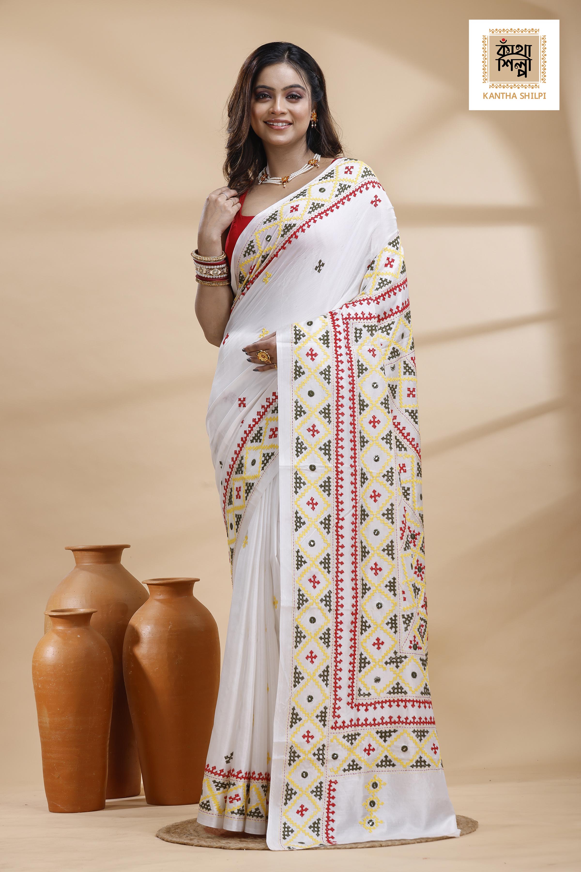 White Bangalore Silk Tri-color Thread Work Gujrati Stitch Saree