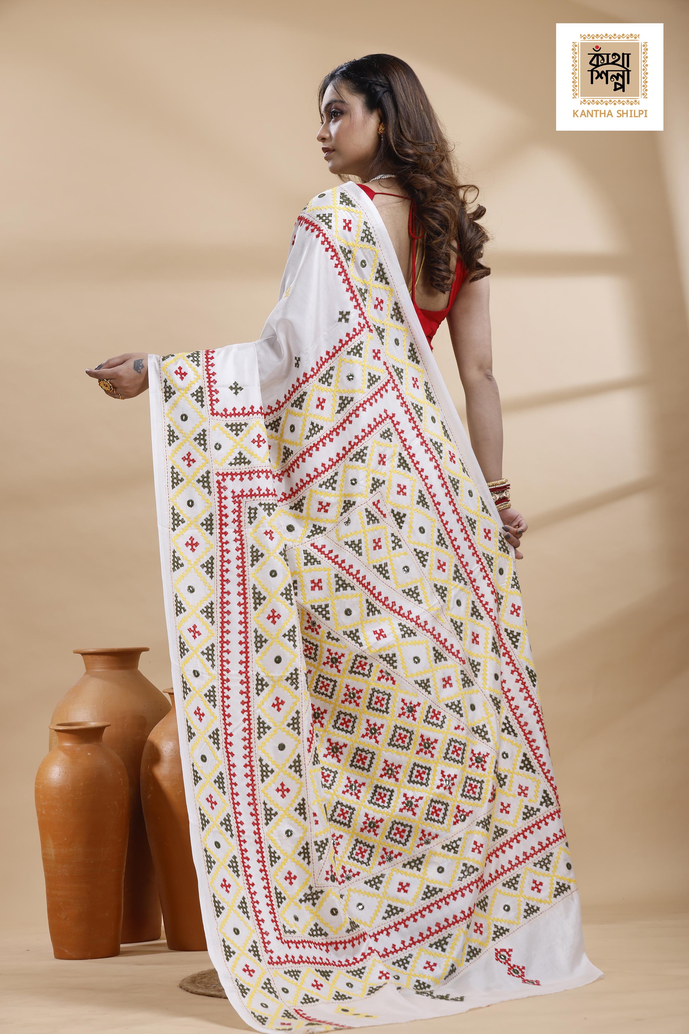White Bangalore Silk Tri-color Thread Work Gujrati Stitch Saree