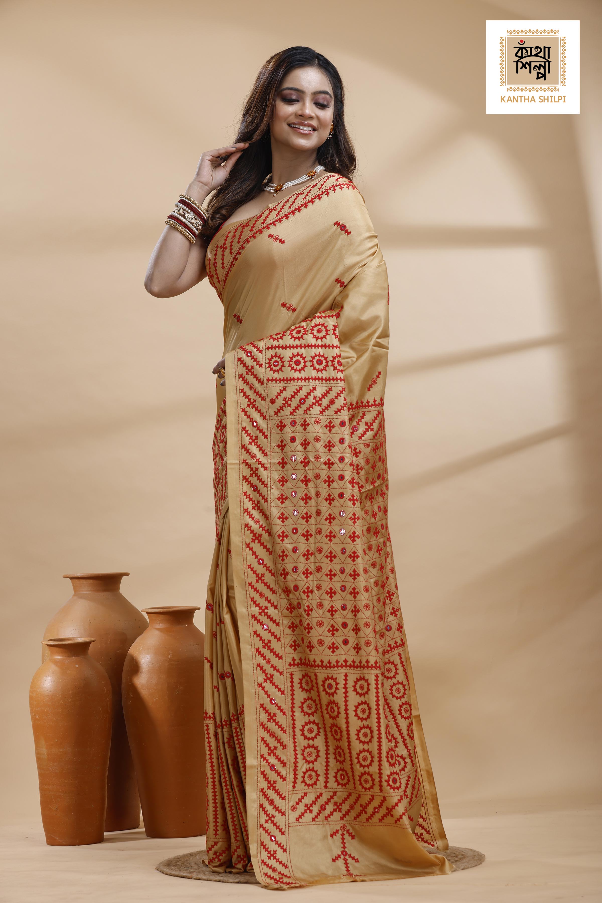 Beige Bangalore Silk Red color Thread Work Gujrati Stitch Saree