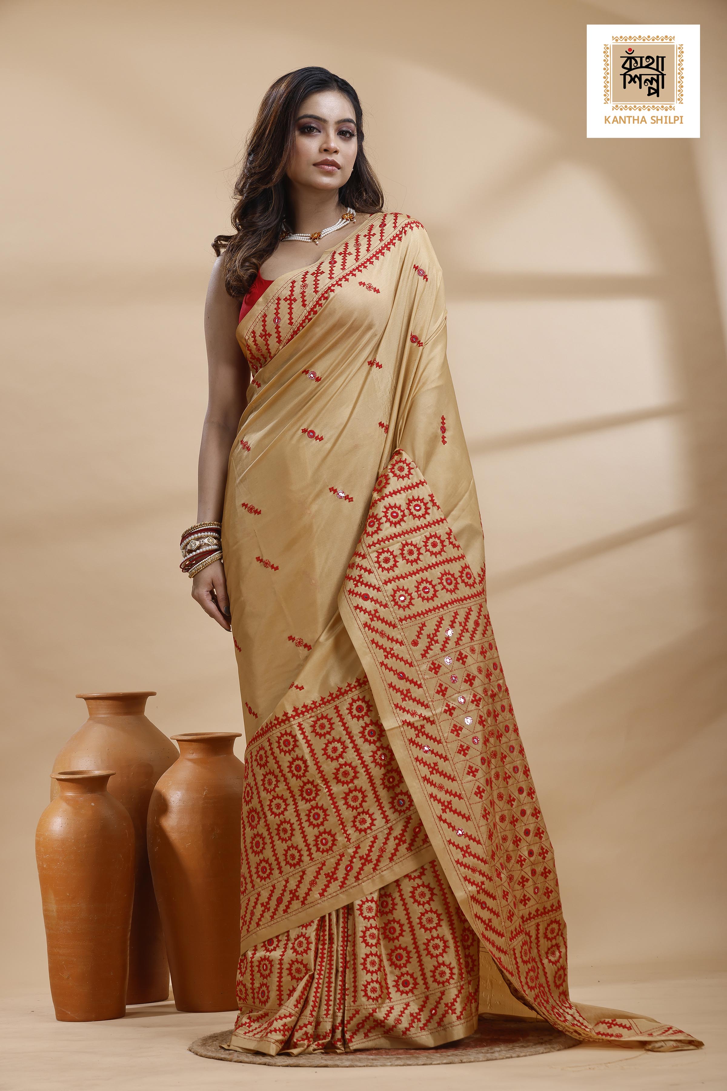 Beige Bangalore Silk Red color Thread Work Gujrati Stitch Saree