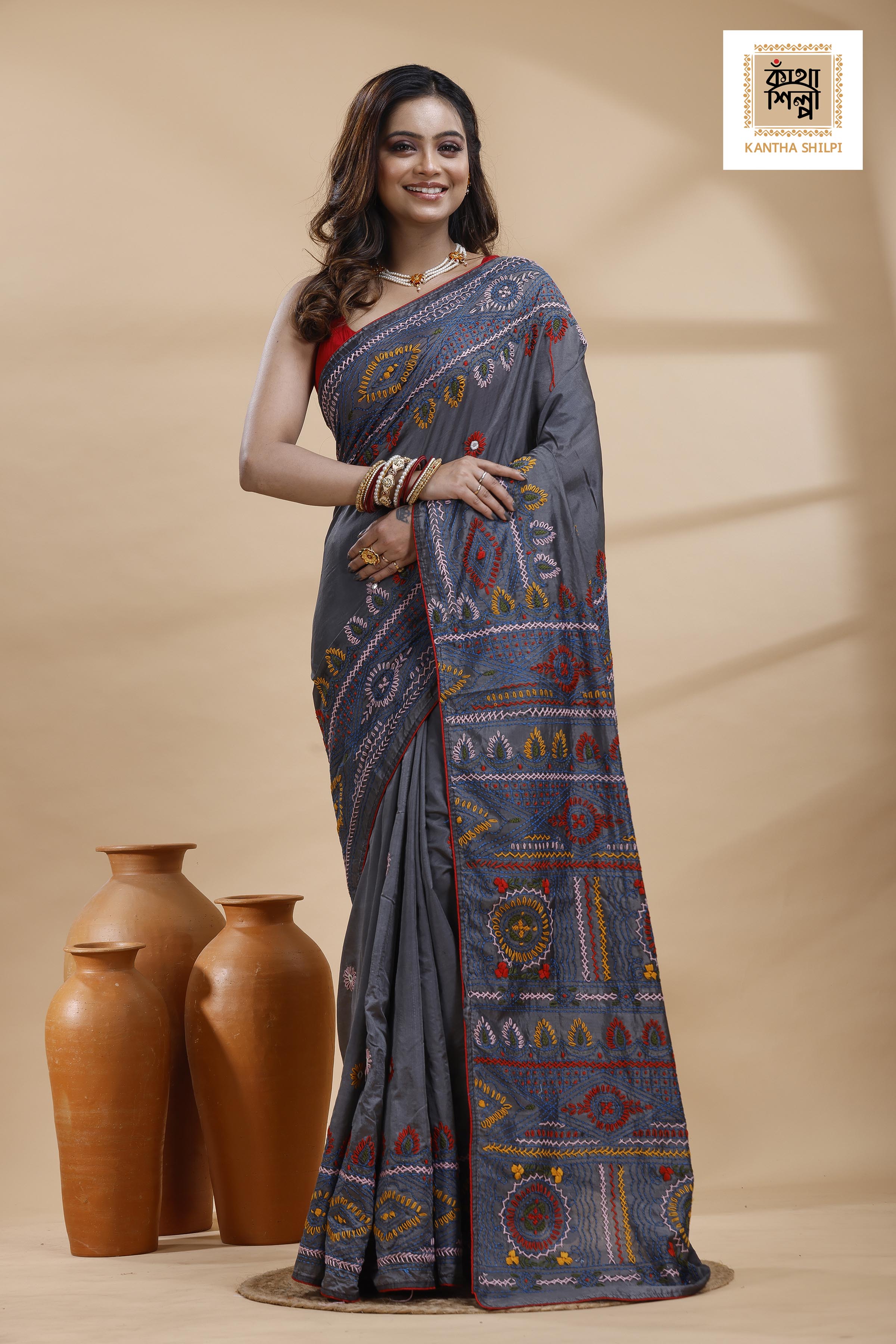 Still Grey Color Bangalore Silk Multicolor Thread Work Lambani Stitch Saree
