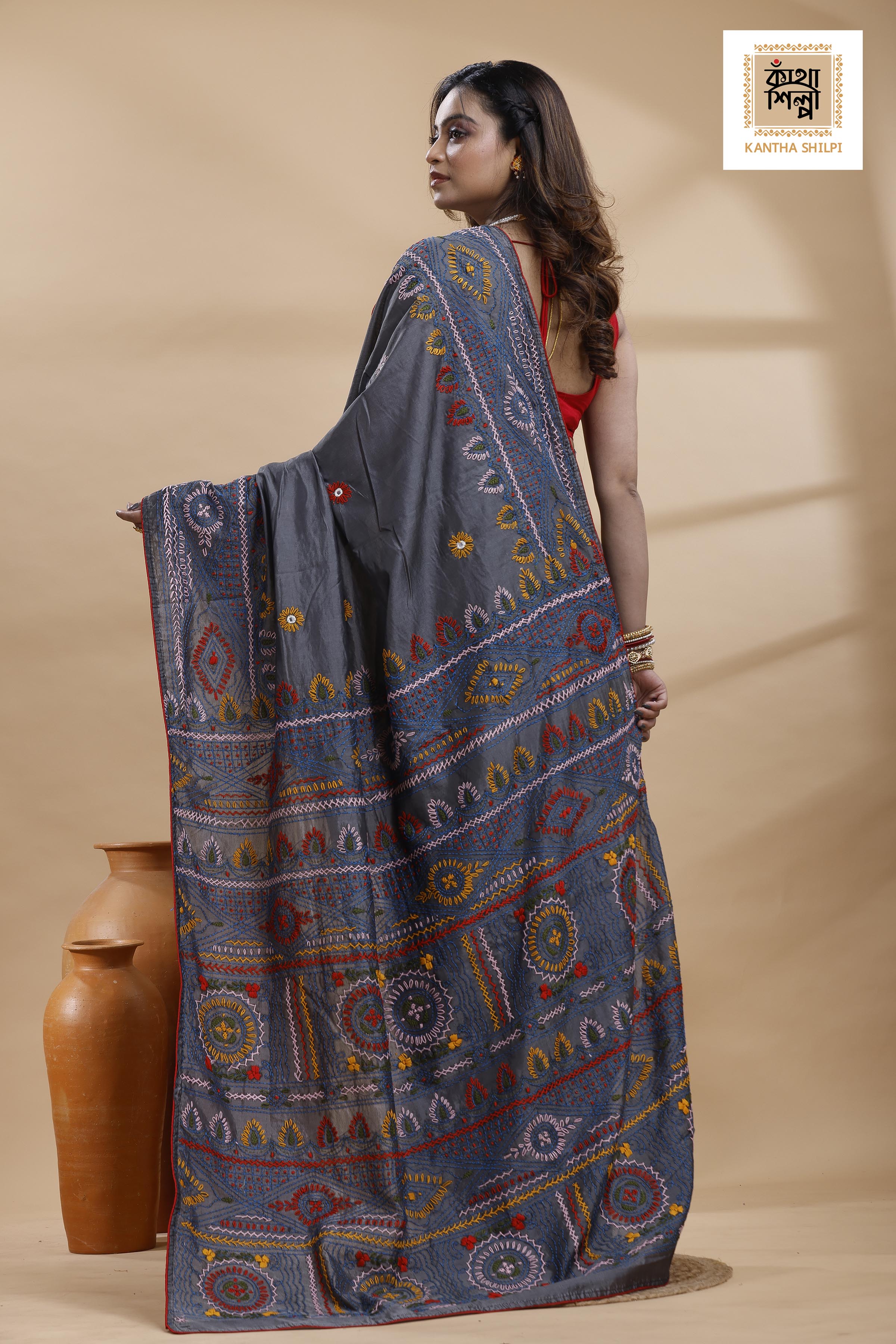 Still Grey Color Bangalore Silk Multicolor Thread Work Lambani Stitch Saree