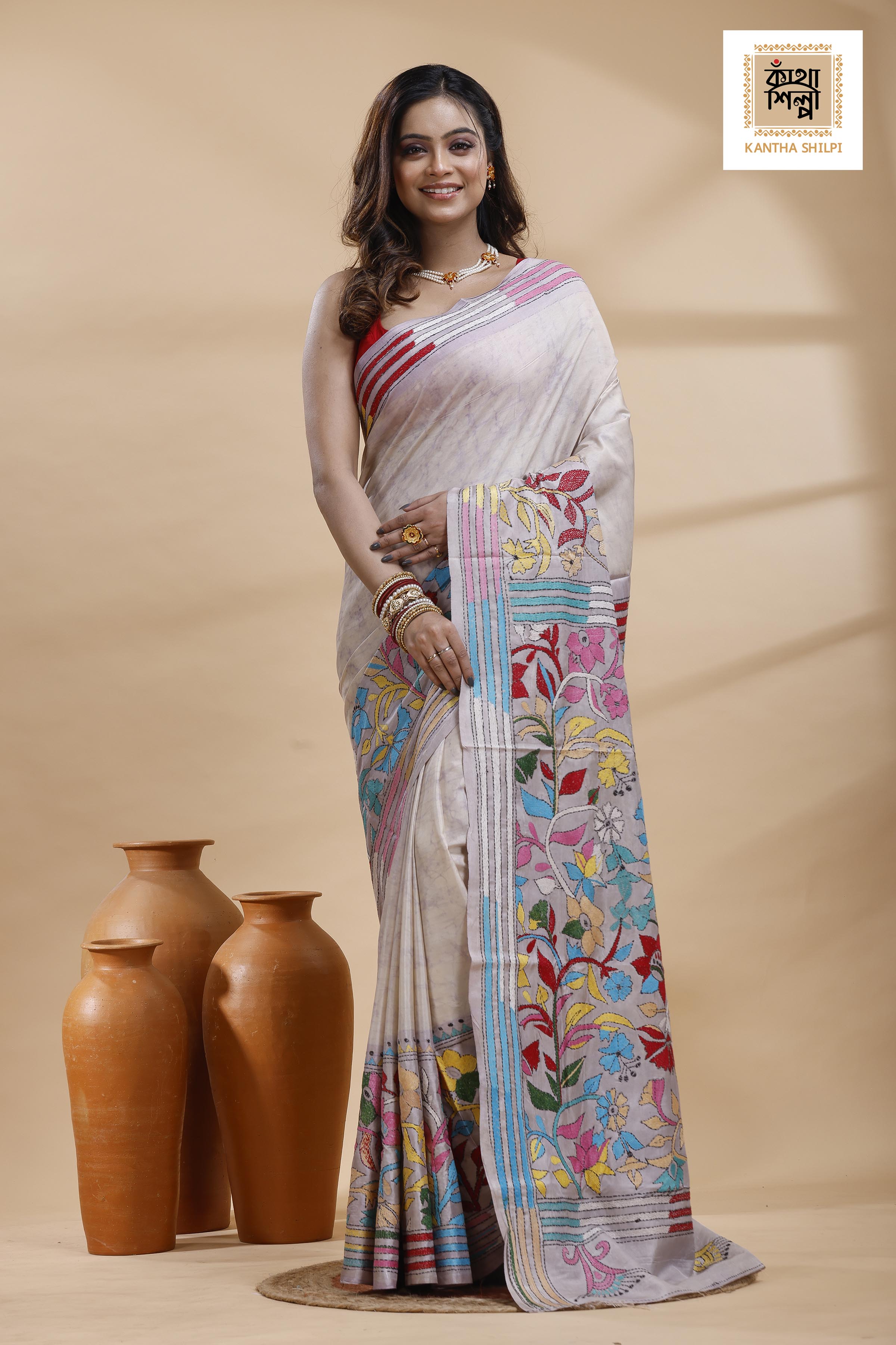 Off-White Color Bangalore Silk Multicolor Thread Work Batik Kantha Stitch Saree