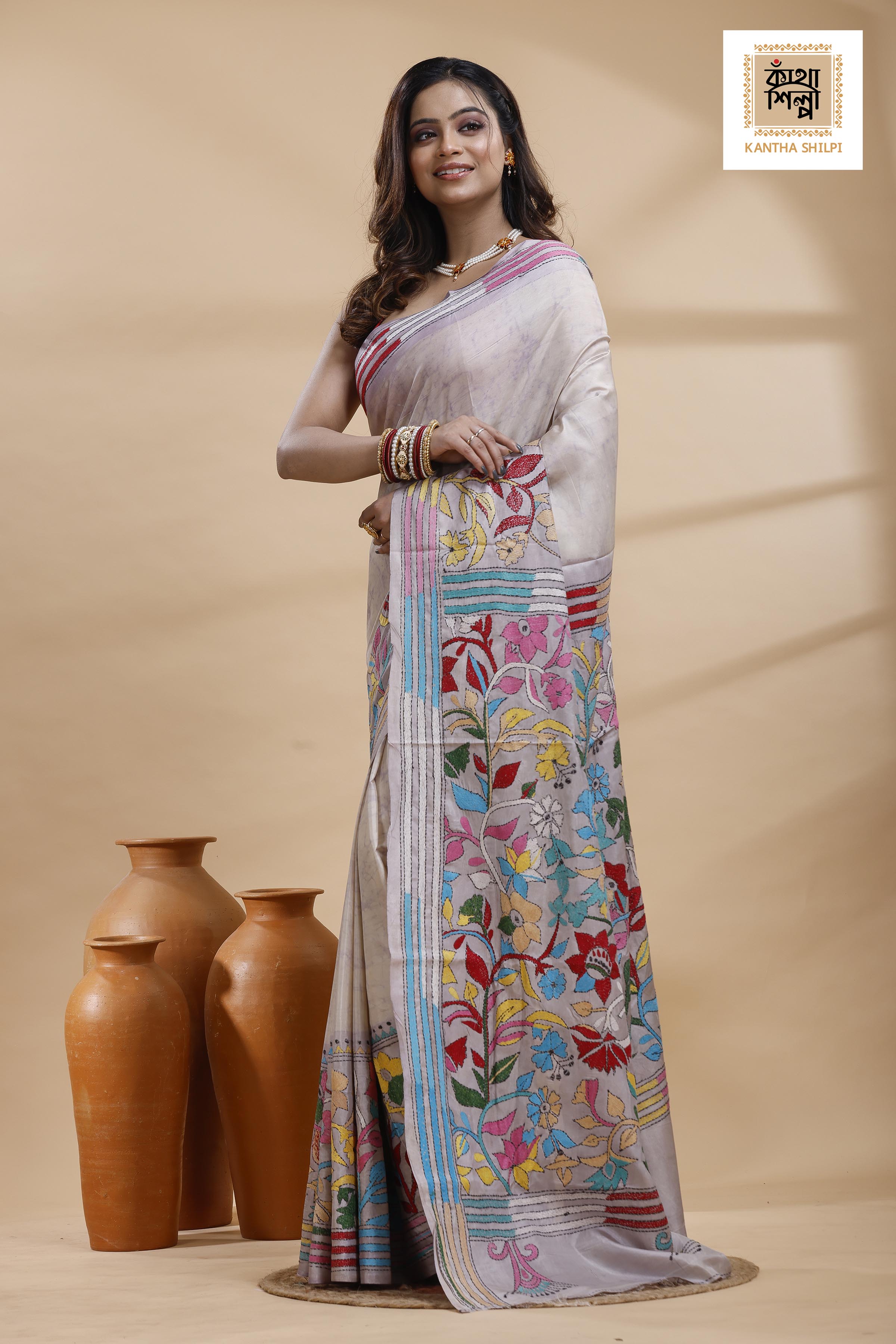 Off-White Color Bangalore Silk Multicolor Thread Work Batik Kantha Stitch Saree