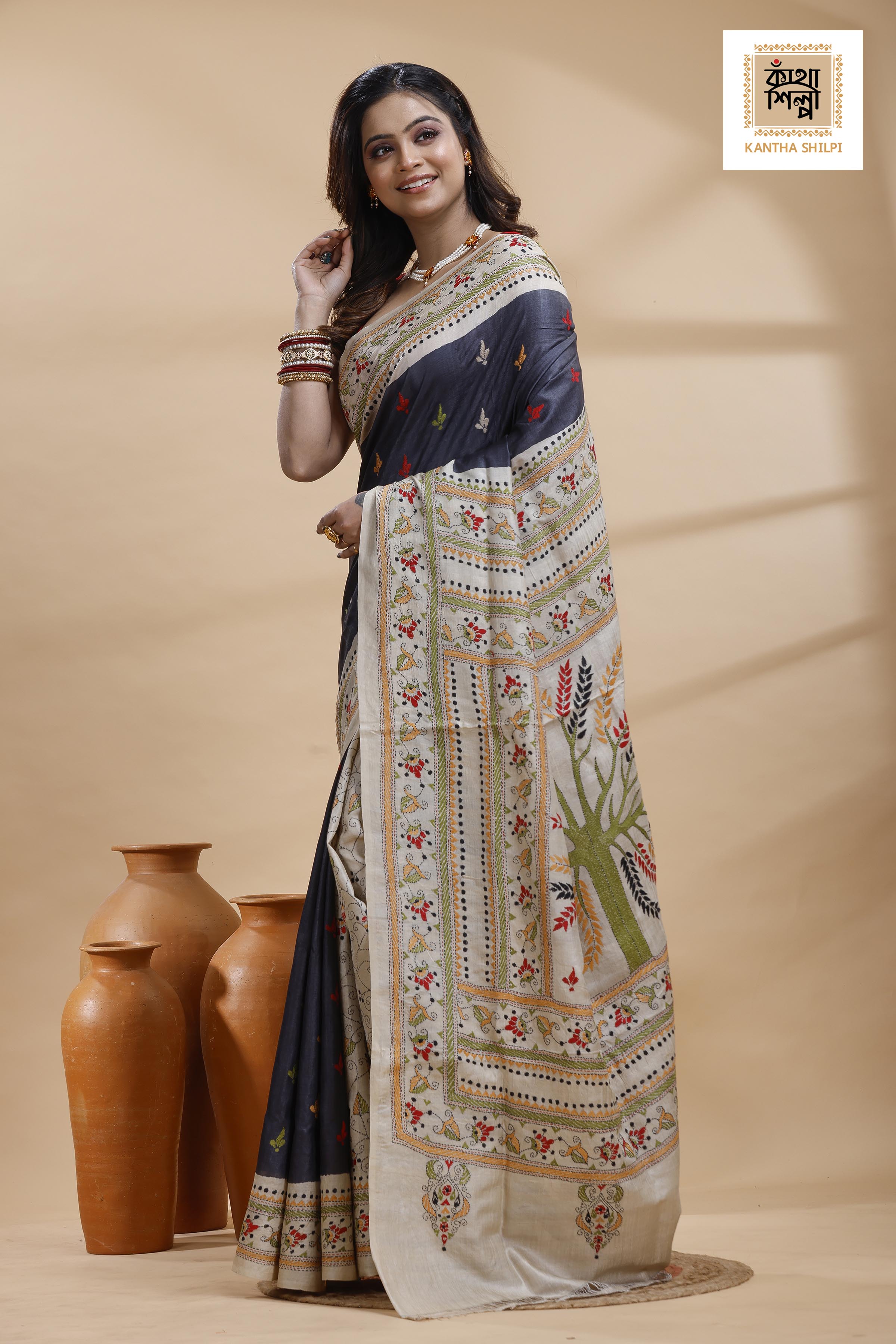 Pure Gachi Dye Tussar Multicolor Thread Work Kantha Stitch Saree