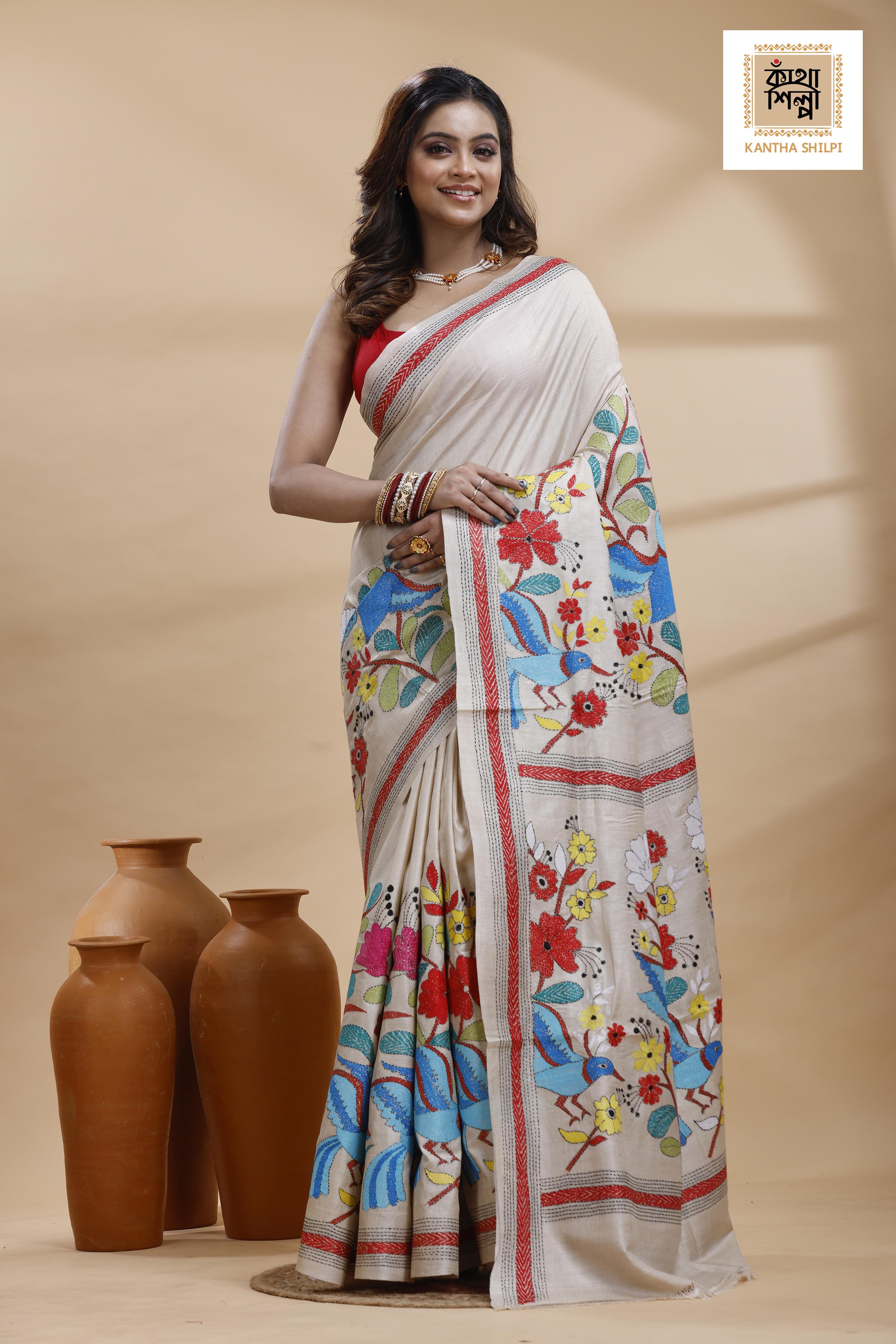 Pure Gachi Tussar Multicolor Thread Work Kantha Stitch Saree