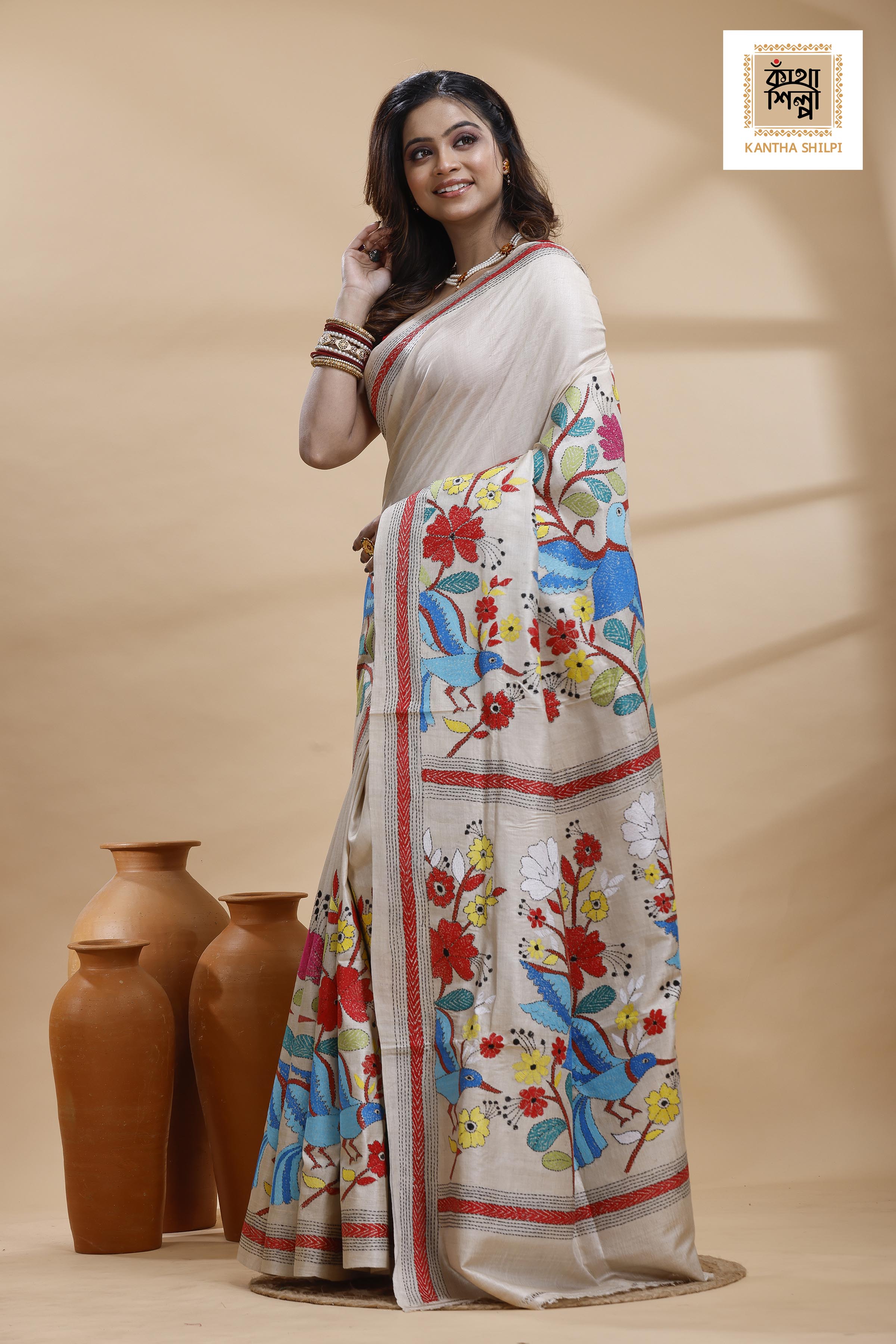Pure Gachi Tussar Multicolor Thread Work Kantha Stitch Saree