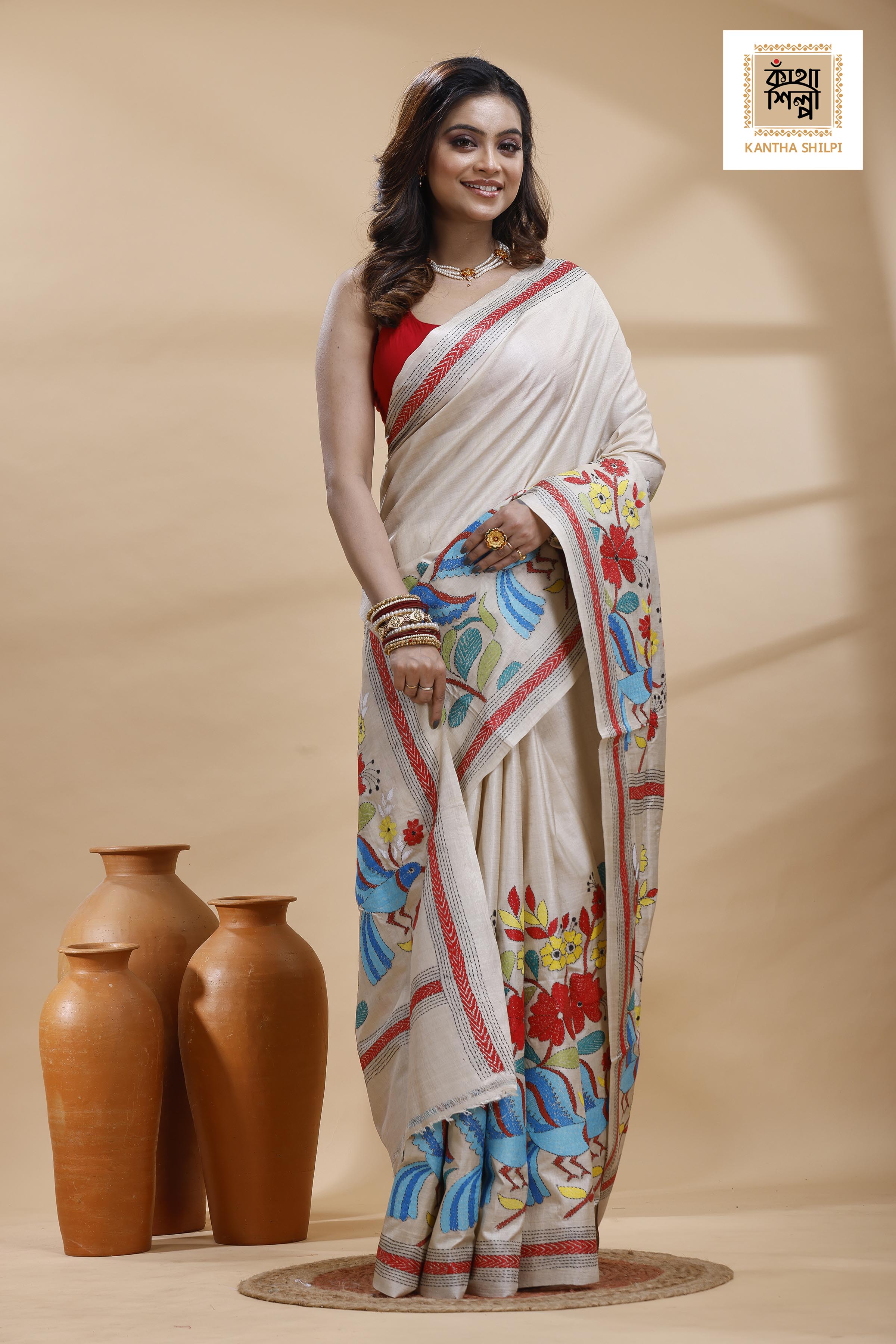Pure Gachi Tussar Multicolor Thread Work Kantha Stitch Saree