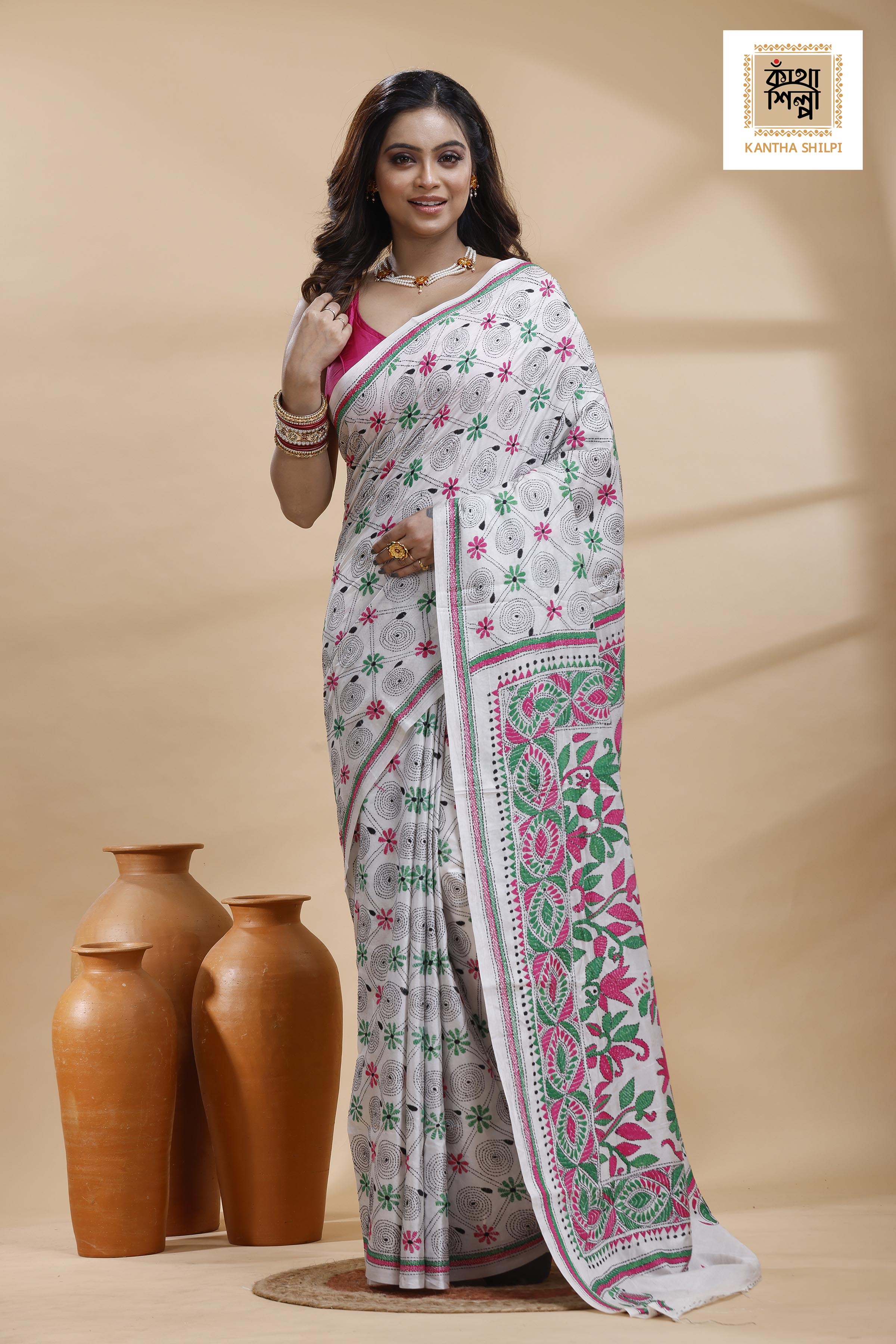 White Color Bangalore Silk Multicolor Thread Work Kantha Stitch Saree