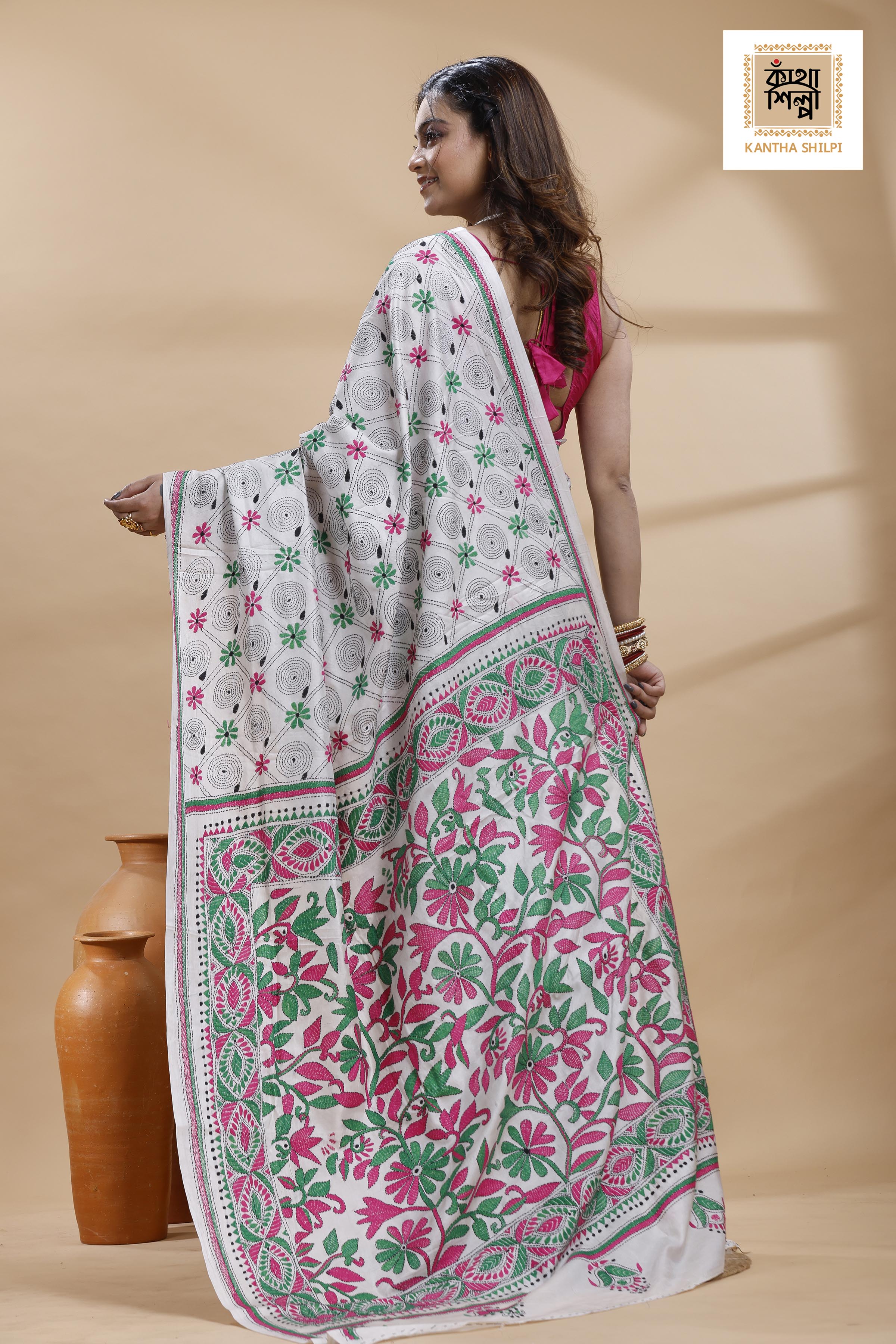 White Color Bangalore Silk Multicolor Thread Work Kantha Stitch Saree