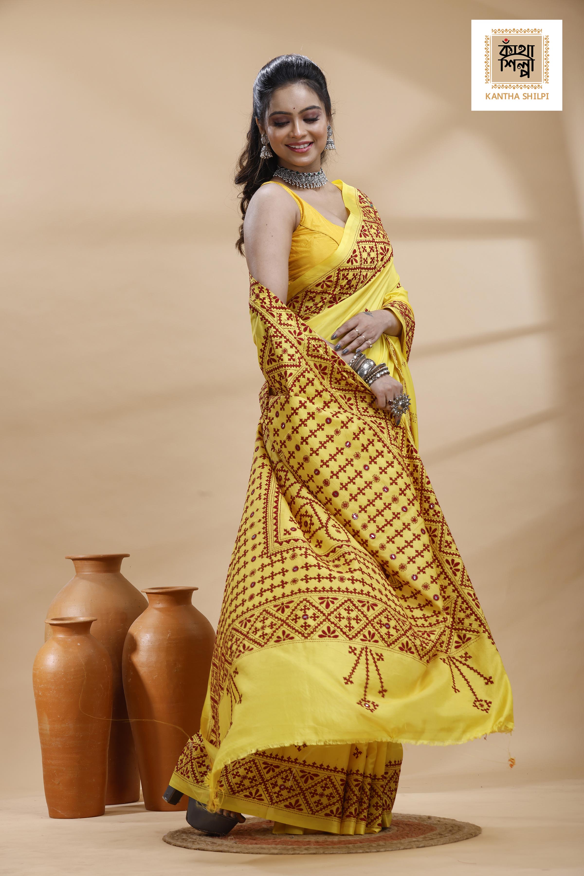 Yellow Bangalore Silk Maroon color Thread Work Gujrati Stitch Saree