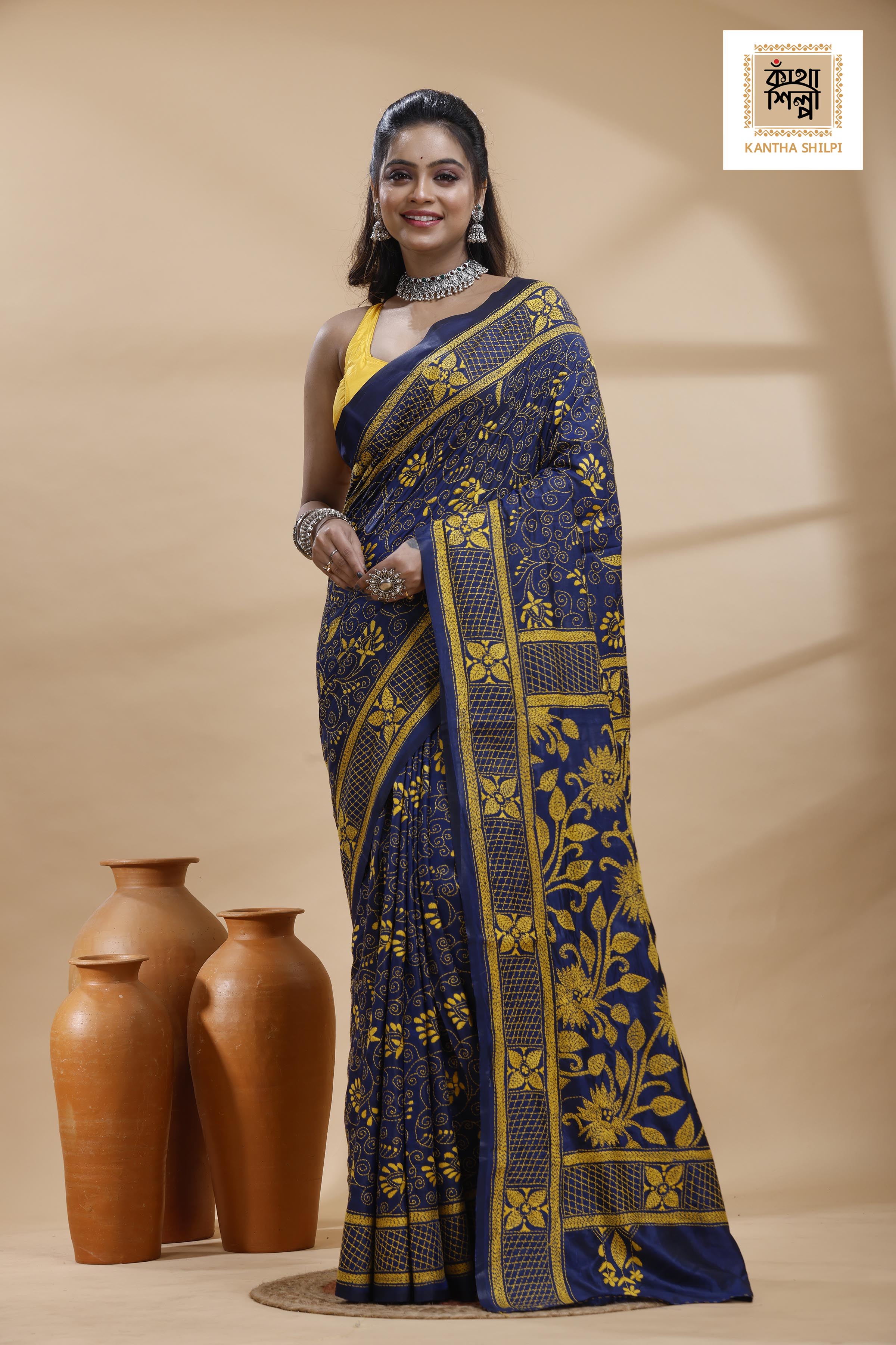 Blue Color Bangalore Silk Yellow Color Thread Work Kantha Stitch Saree