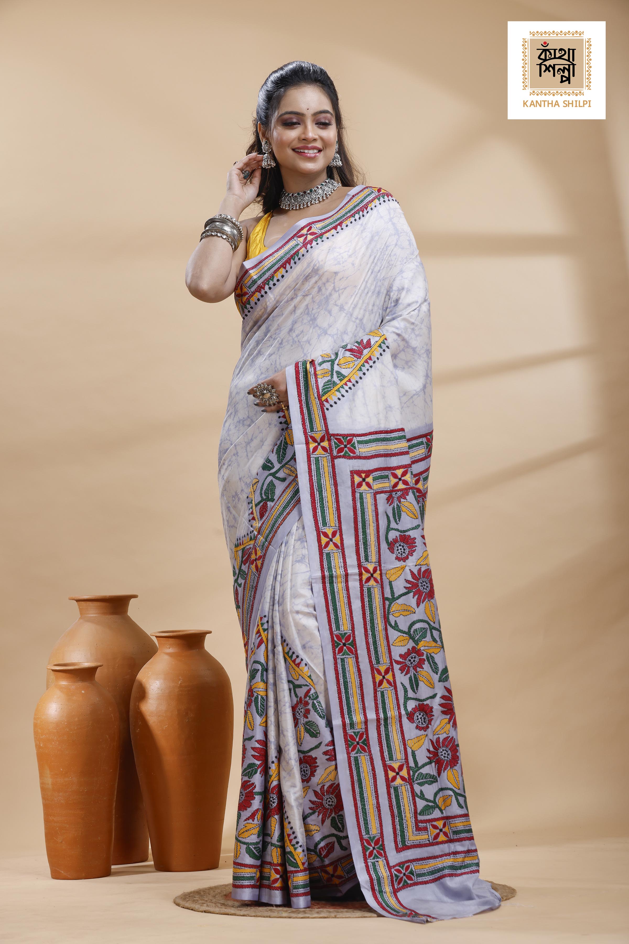 Greyish Blue Color Bangalore Silk Multicolor Thread Work Batik Kantha Stitch Saree