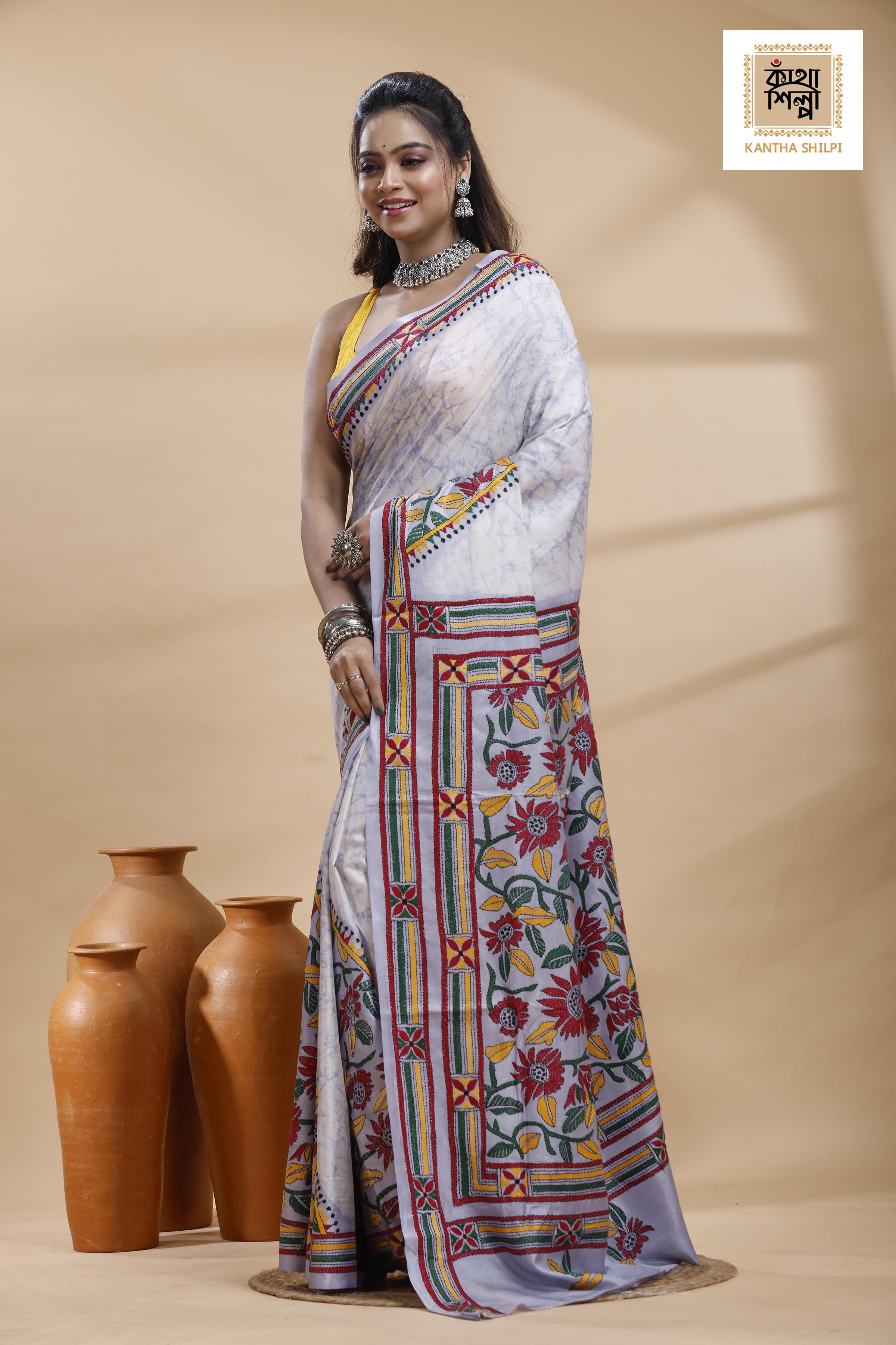 Greyish Blue Color Bangalore Silk Multicolor Thread Work Batik Kantha Stitch Saree