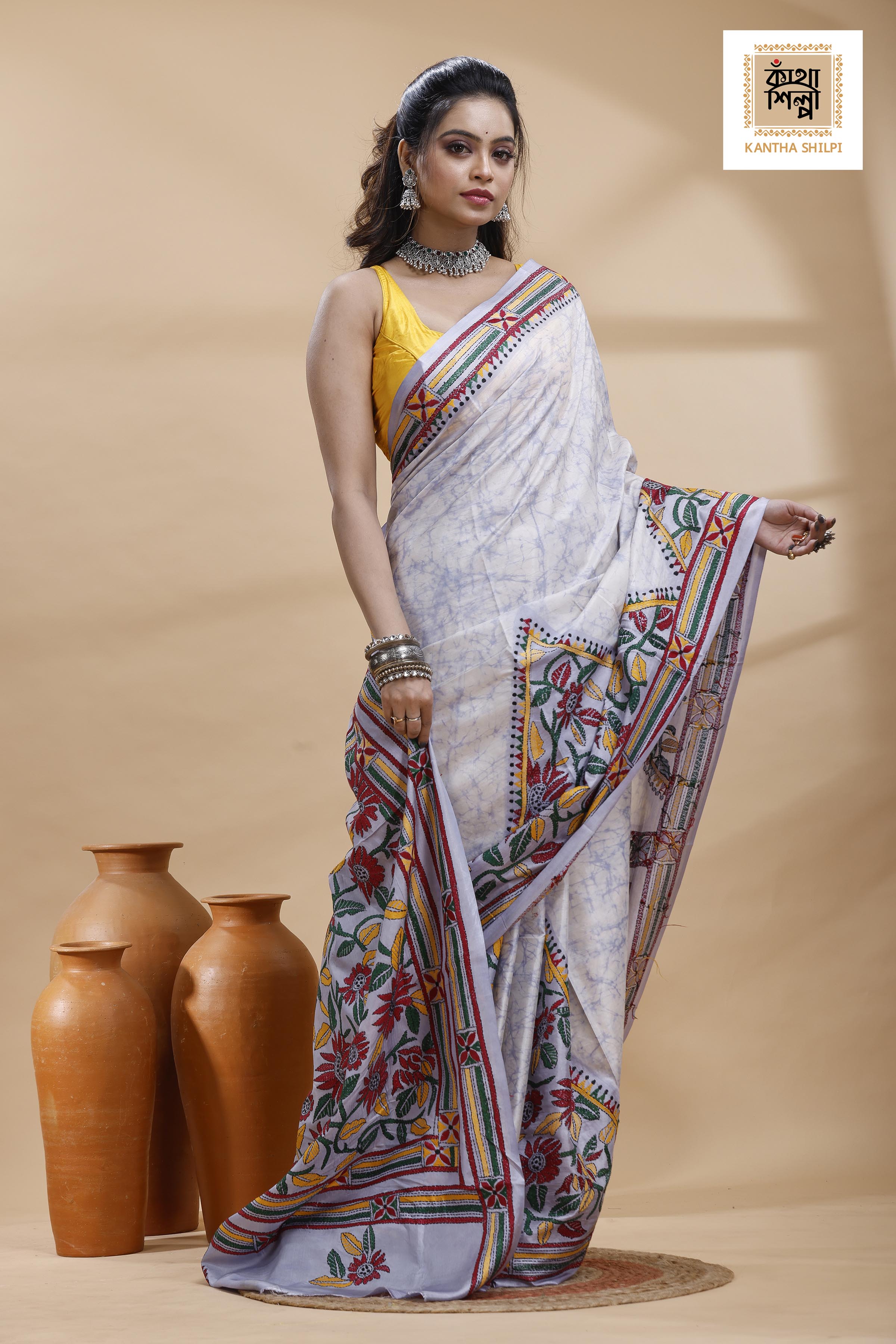 Greyish Blue Color Bangalore Silk Multicolor Thread Work Batik Kantha Stitch Saree