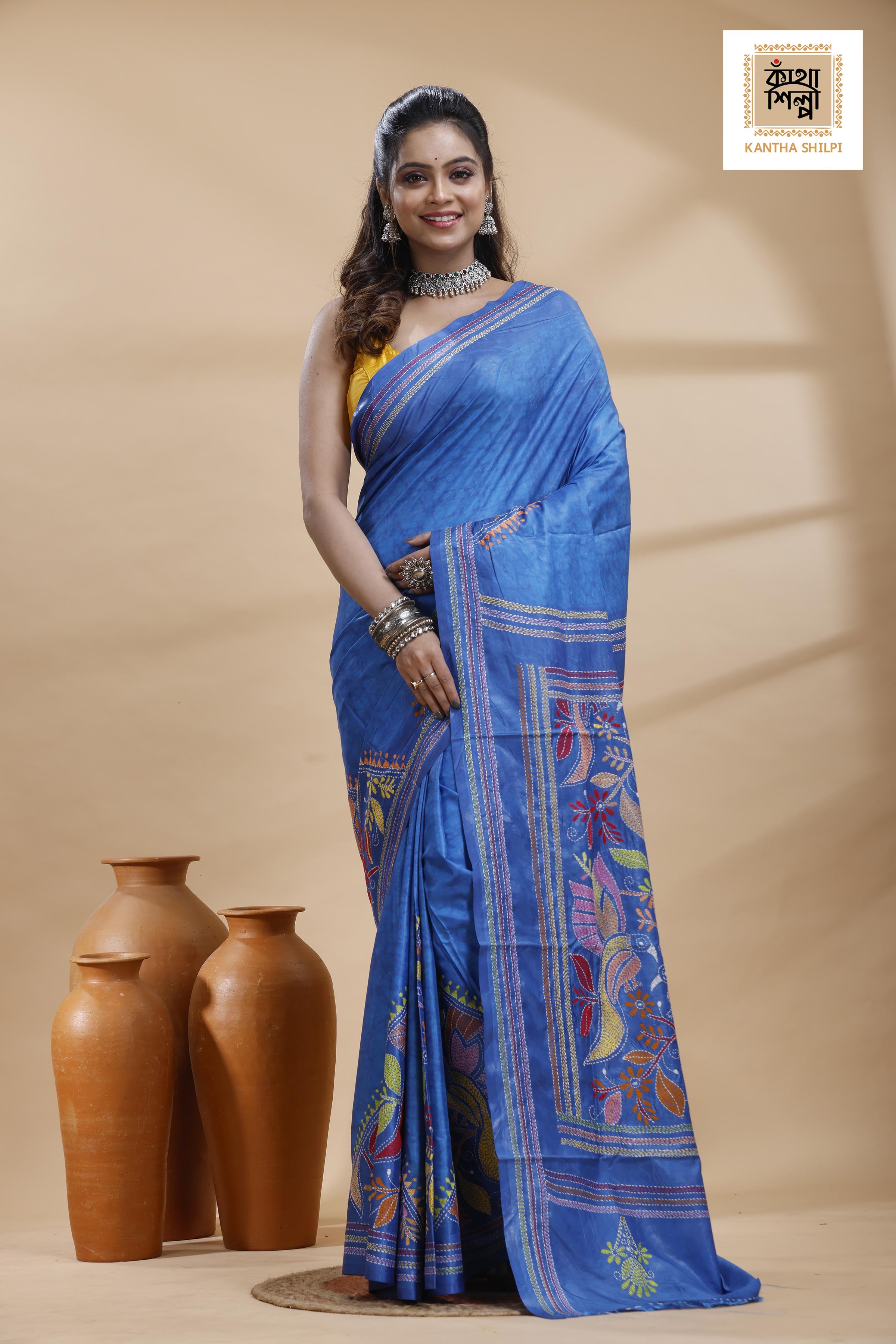 Blue Color Bangalore Silk Multicolor Thread Work Batik Kantha Stitch Saree