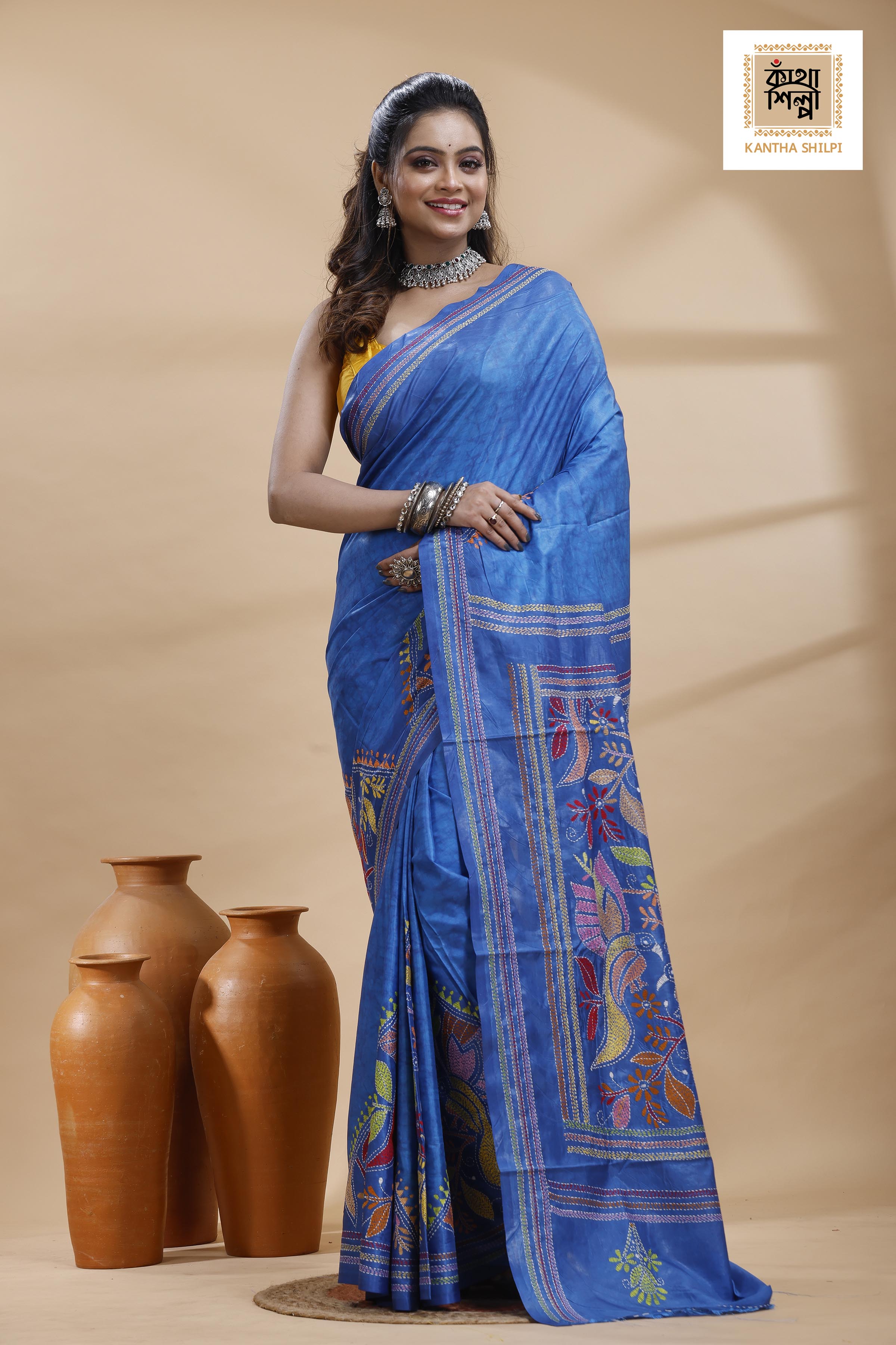 Blue Color Bangalore Silk Multicolor Thread Work Batik Kantha Stitch Saree