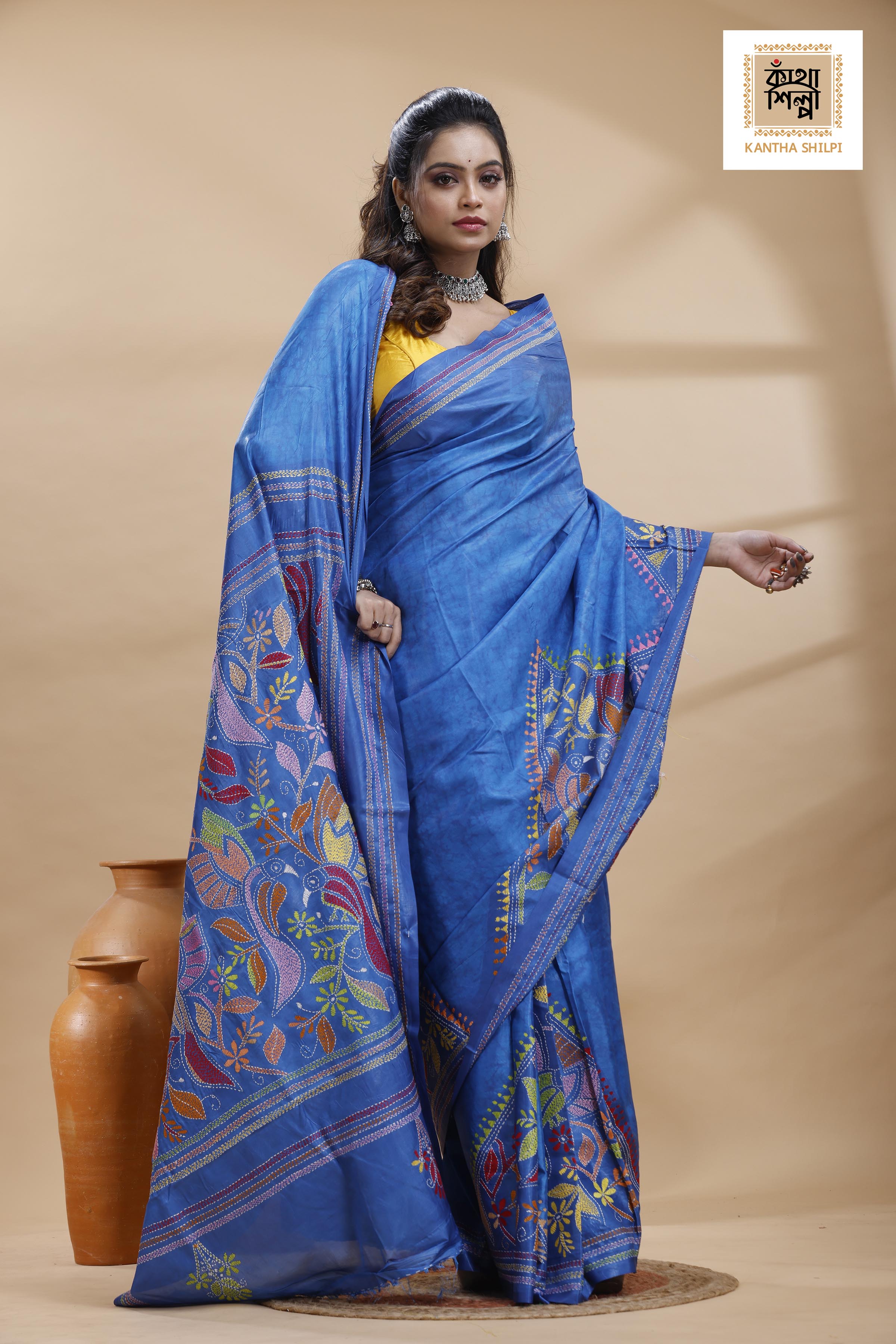 Blue Color Bangalore Silk Multicolor Thread Work Batik Kantha Stitch Saree